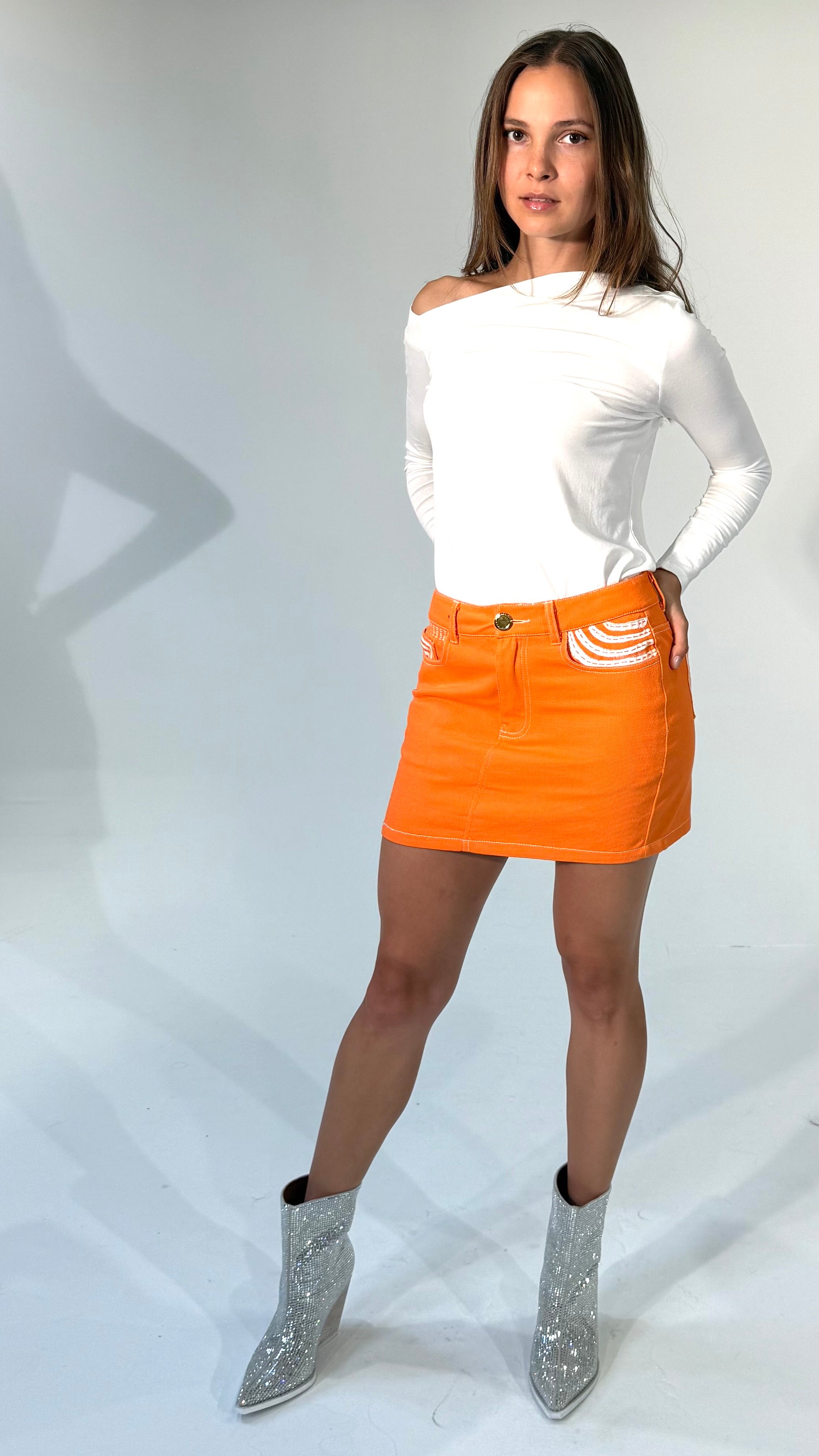 Orange Denim Mini Skirt, With Painted & Embroidered Design in White