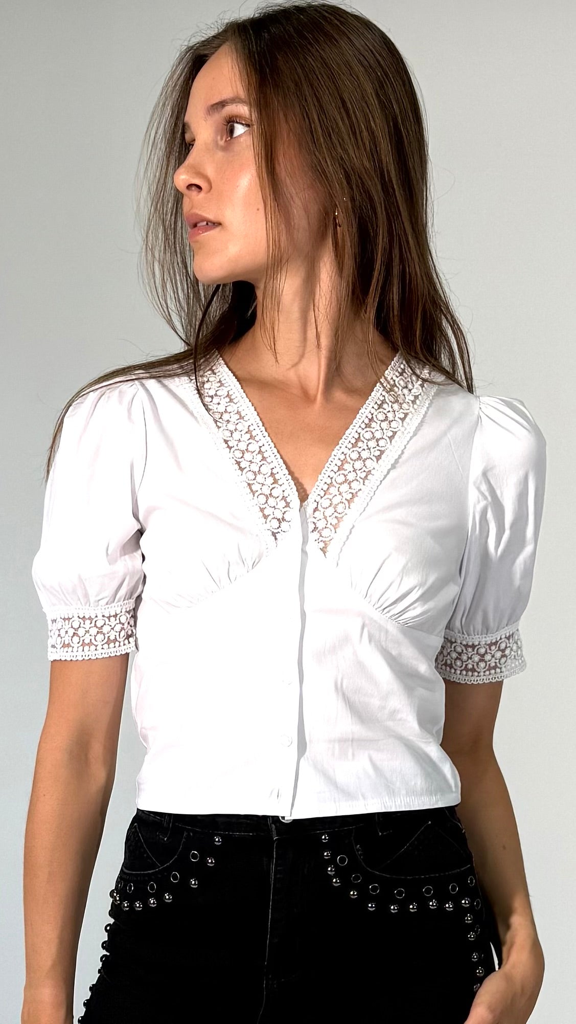 Romantic Lattice Lace Front, Button Up Top with Textured Back Shoulder
