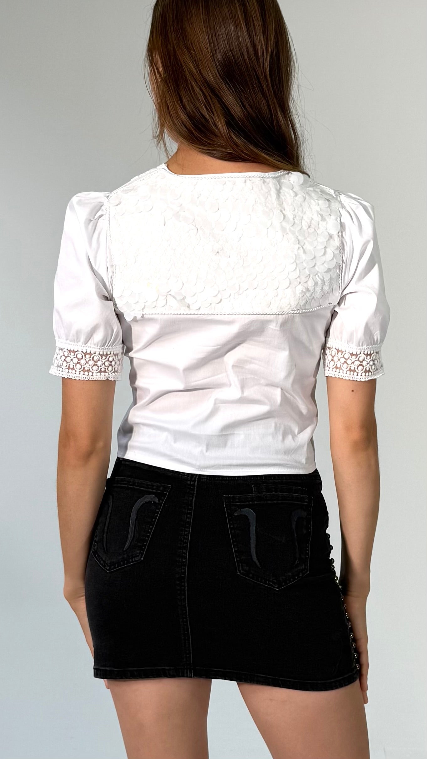Romantic Lattice Lace Front, Button Up Top with Textured Back Shoulder