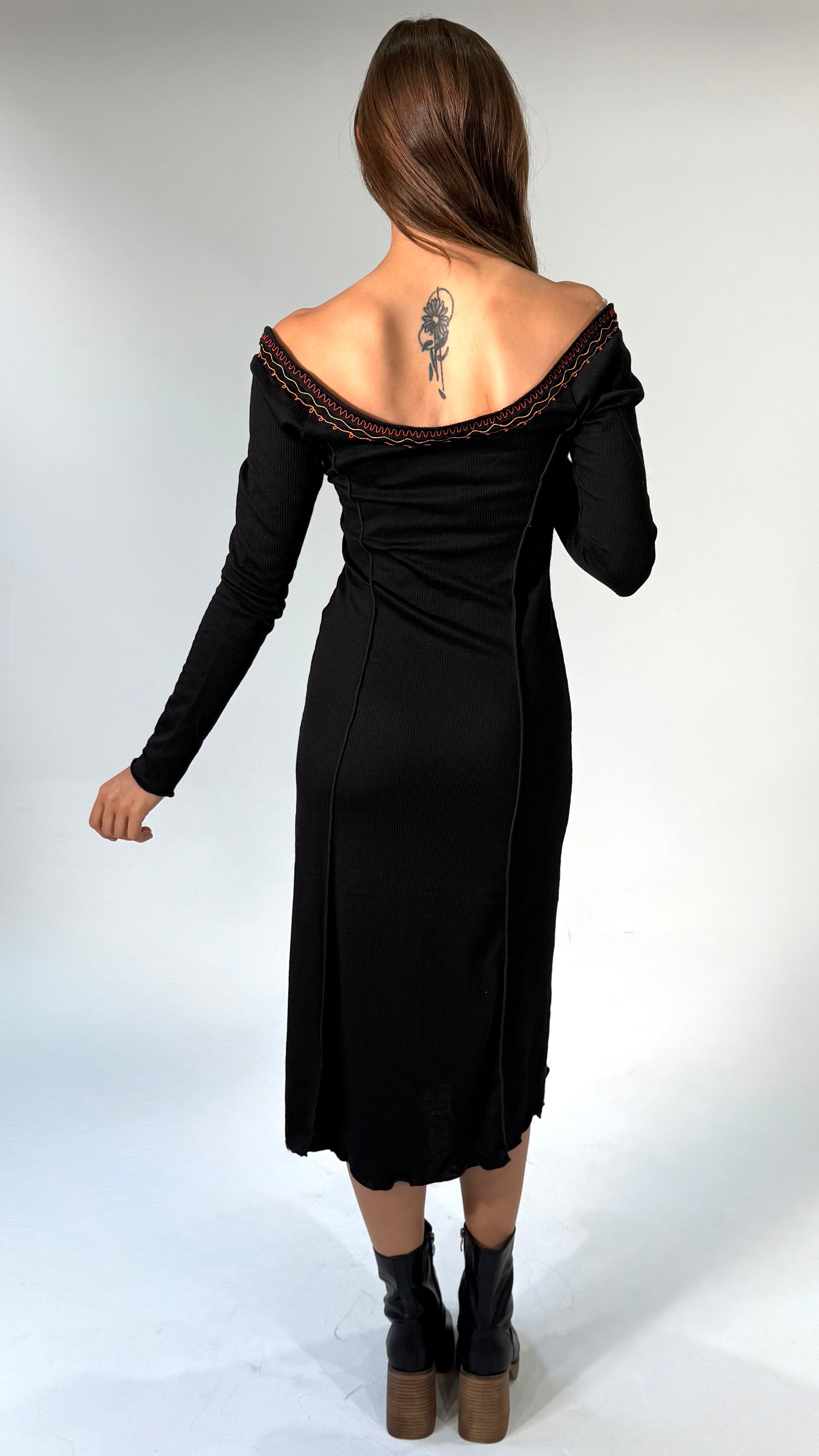 Long Black Off Shoulder/Scoop Neck Dress, With Notched Detail, Front Slit & Colorful Embroidery