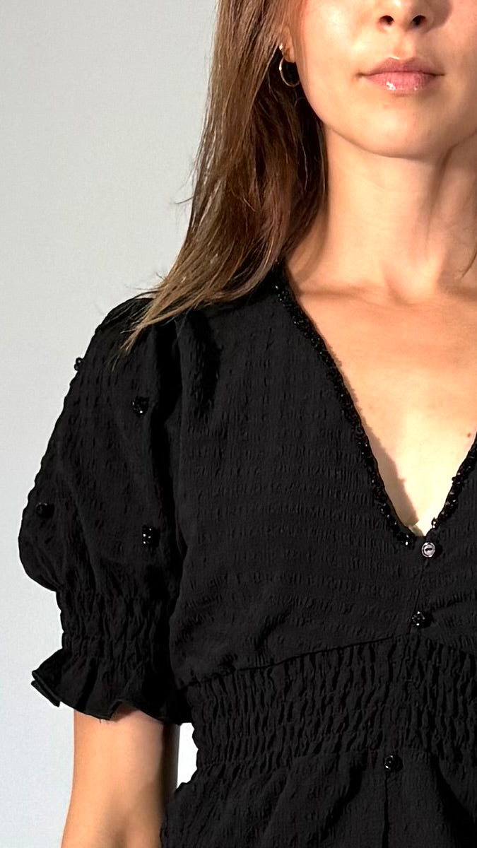 Long Line, Puff sleeve Top, with Hand Embroidered Sequin Detail