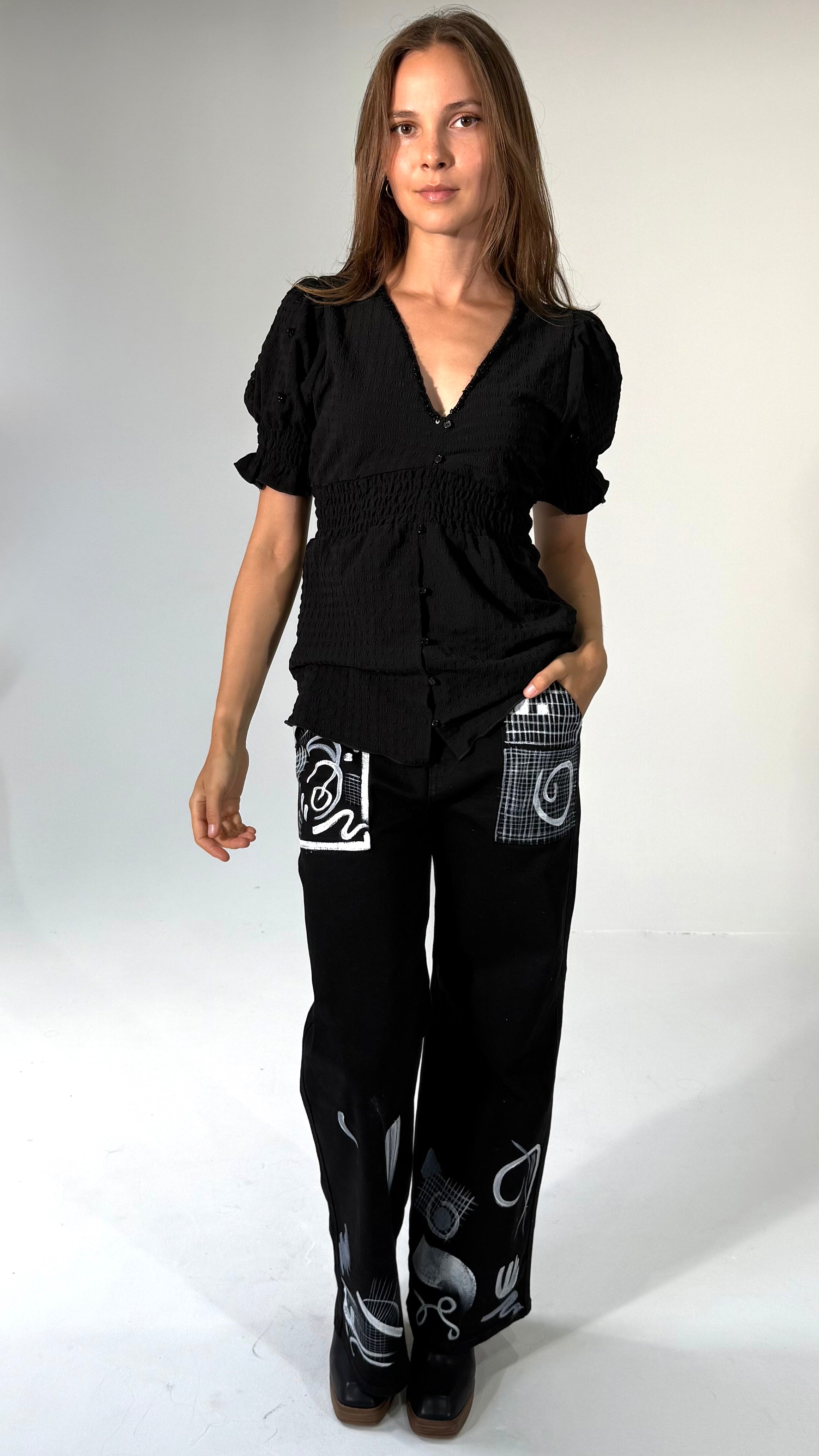 Hand Painted Wide Leg Jeans- Black