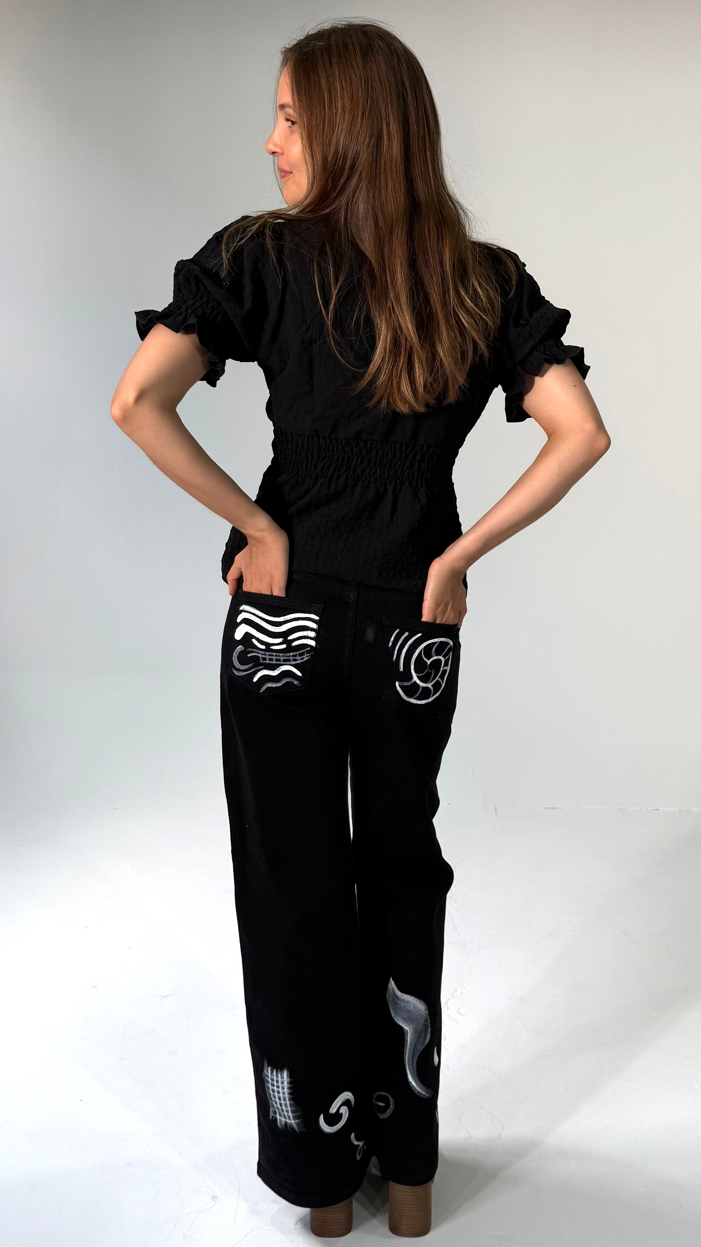 Hand Painted Wide Leg Jeans- Black