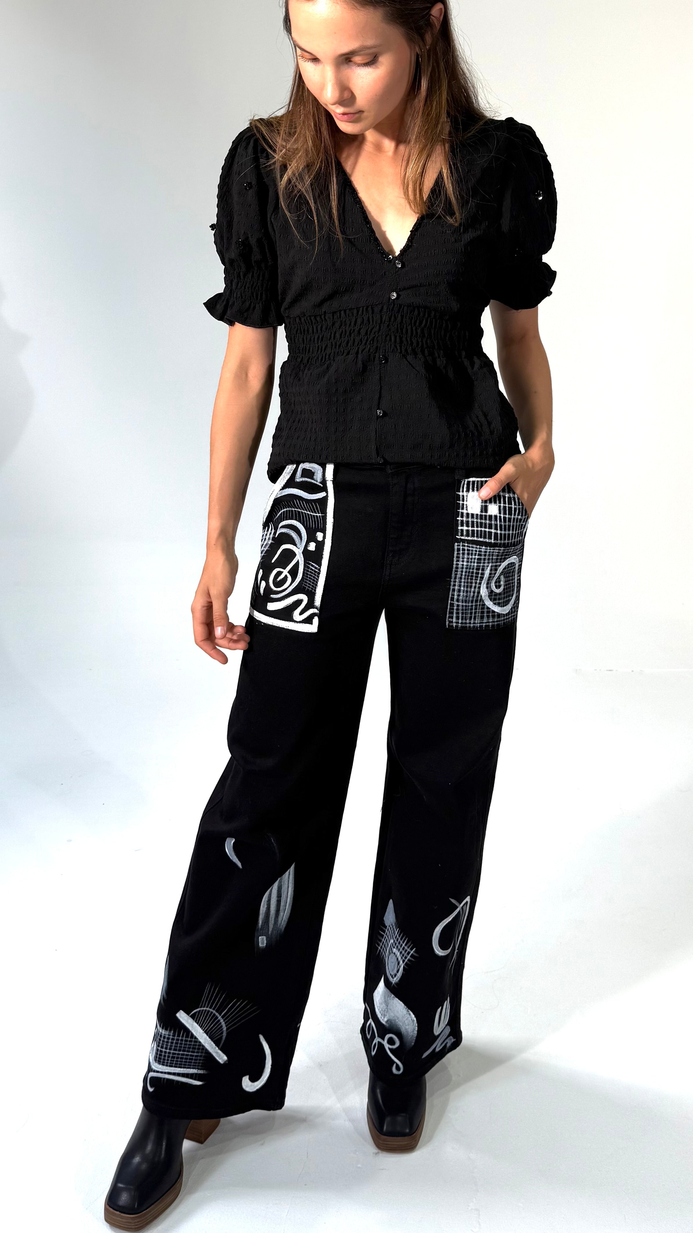 Hand Painted Wide Leg Jeans- Black