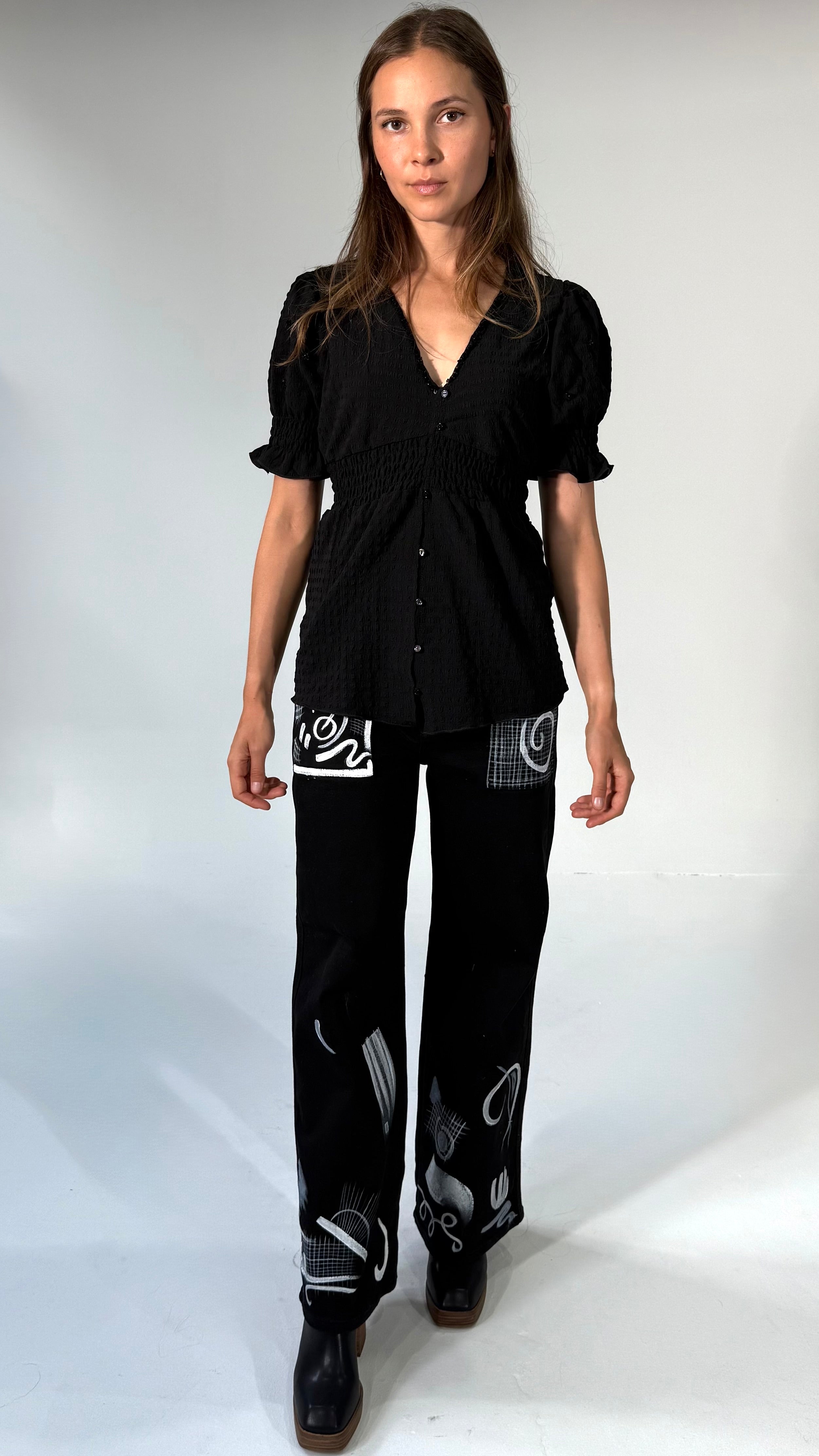 Long Line, Puff sleeve Top, with Hand Embroidered Sequin Detail