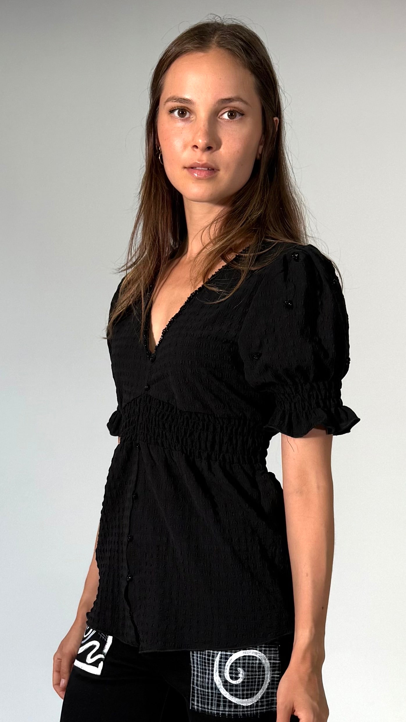 Long Line, Puff sleeve Top, with Hand Embroidered Sequin Detail
