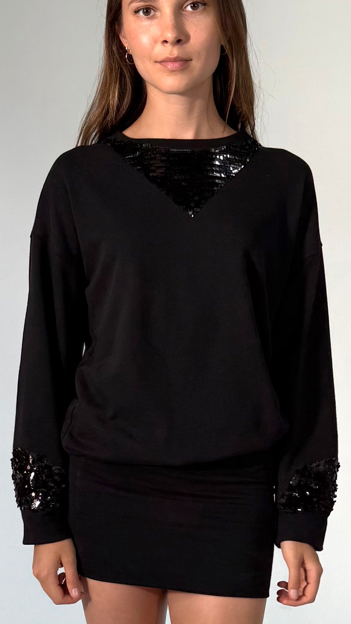Sequin Long Sleeve Banded Mini Dress-Black