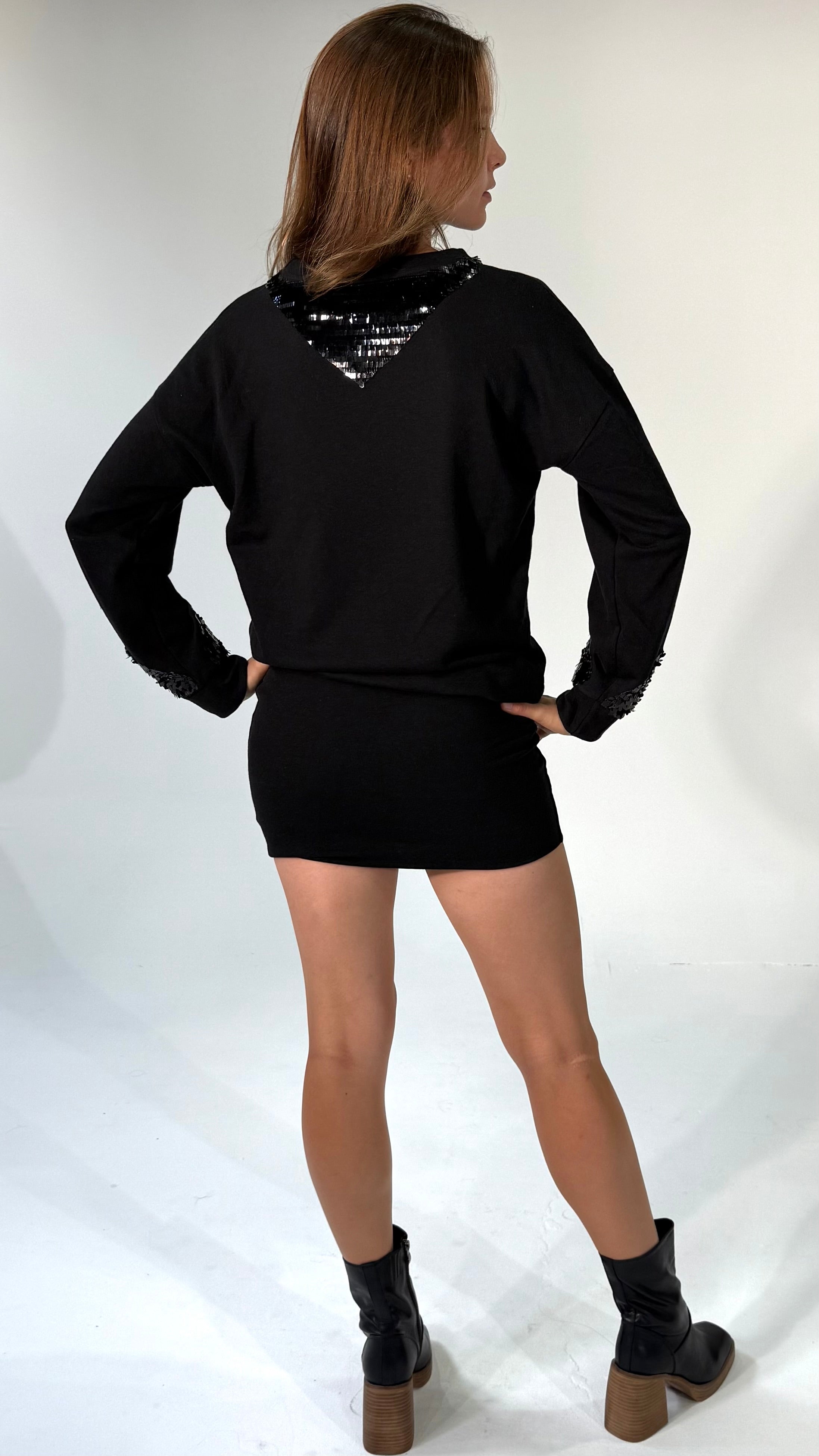 Sequin Long Sleeve Banded Mini Dress-Black