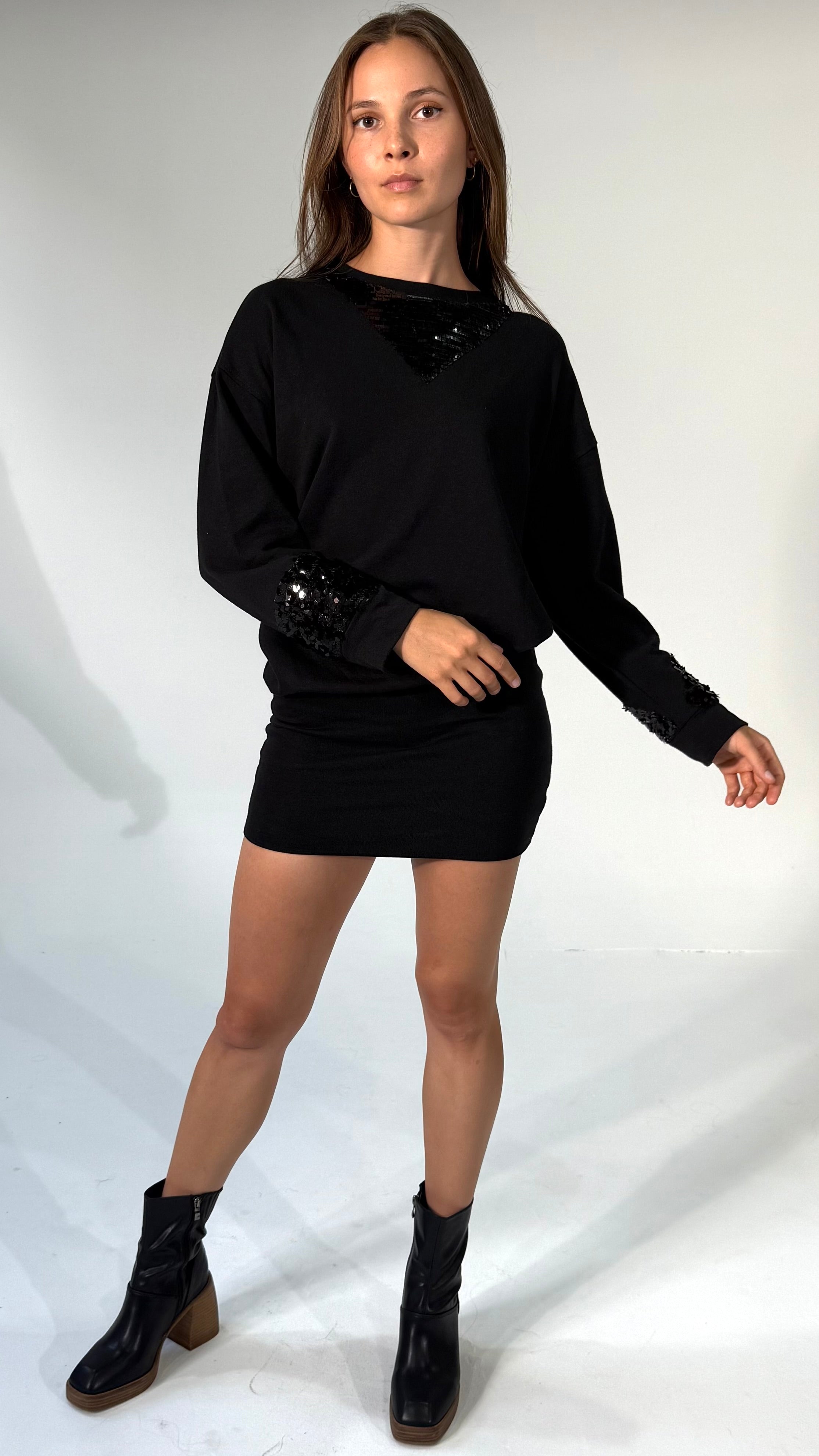 Sequin Long Sleeve Banded Mini Dress-Black