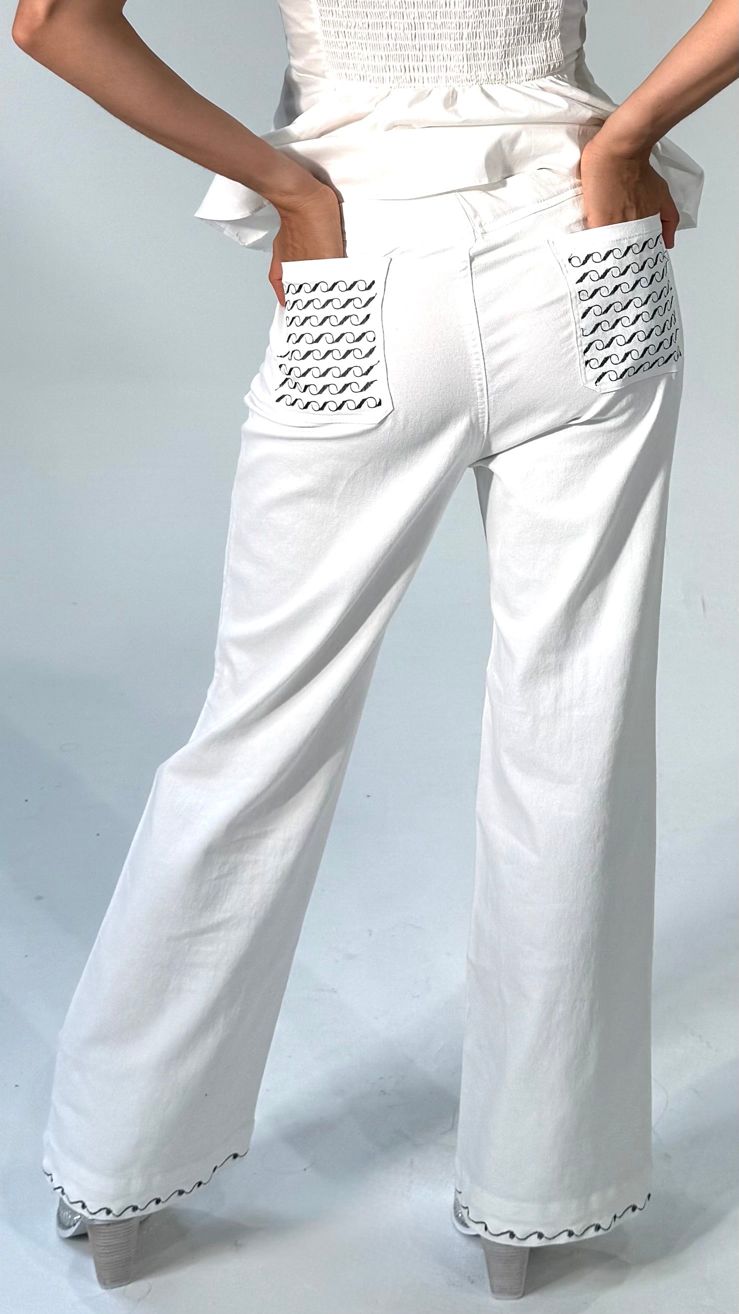 Low Rise White Wide Leg Pants with 4 Embroidered Pockets and  Embroidered Hemline