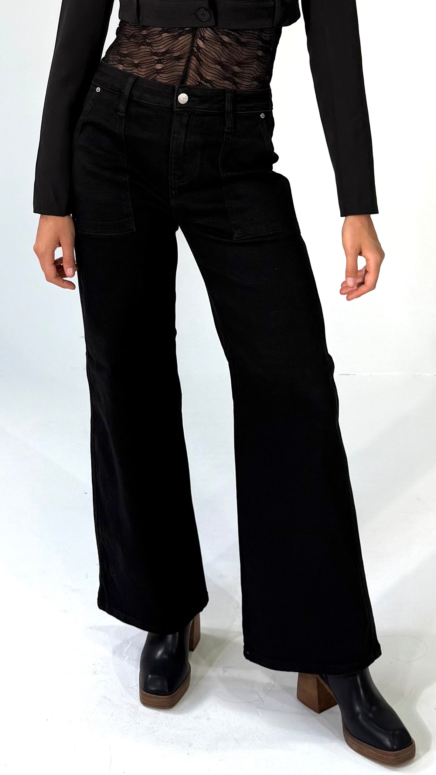 Wide Leg Jeans- Patch Pocket-Black