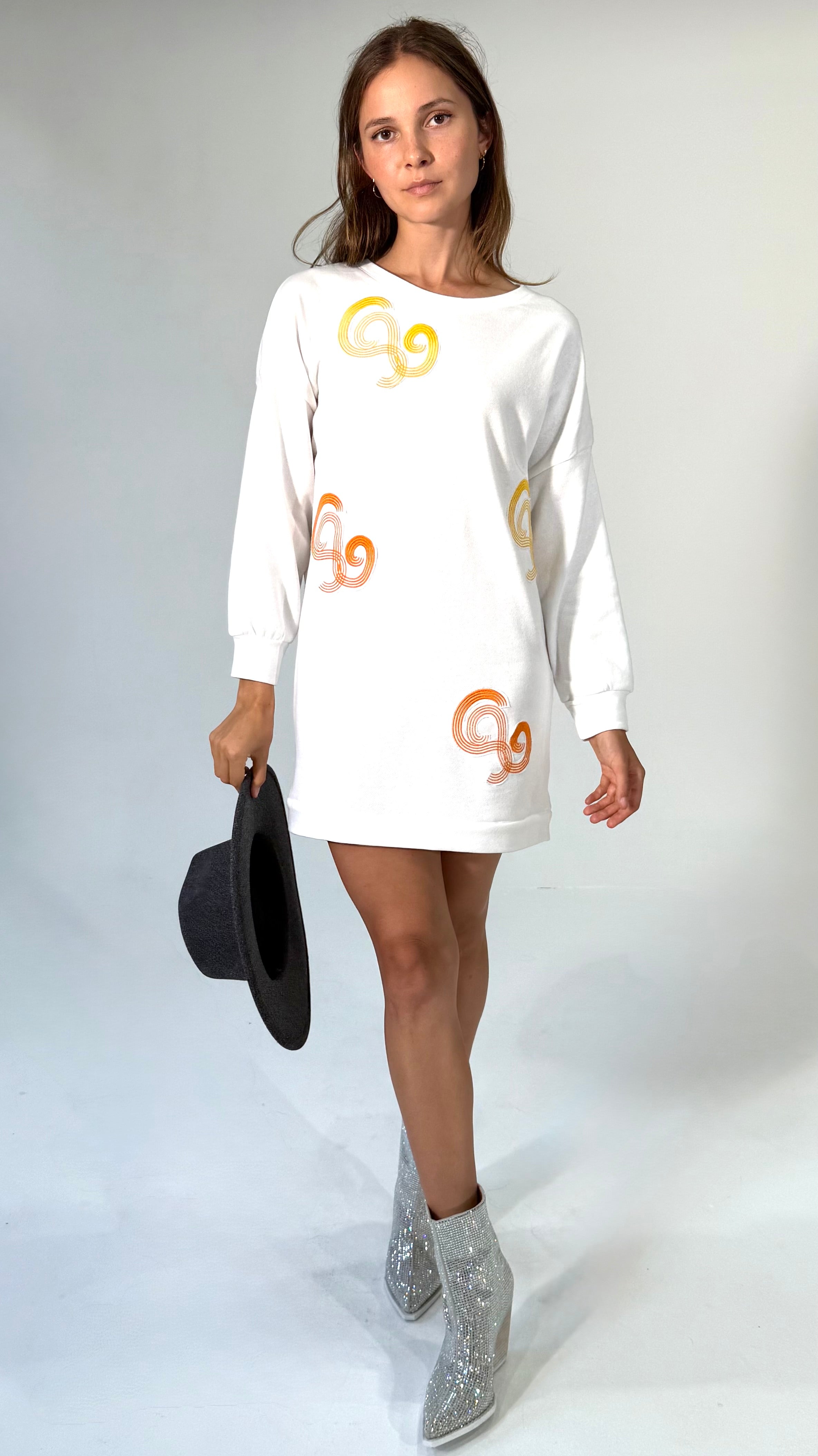 White Sweatshirt Dress- Embroidered-Relaxed Fit, Customizable length
