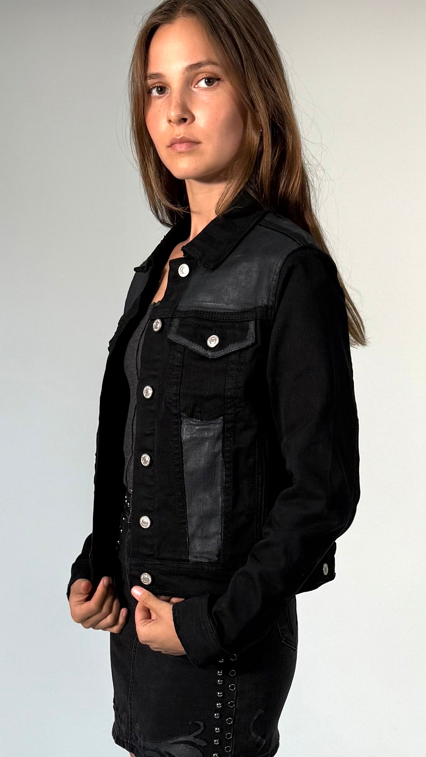 Hand Painted Denim Jacket-Black-5 Pocket
