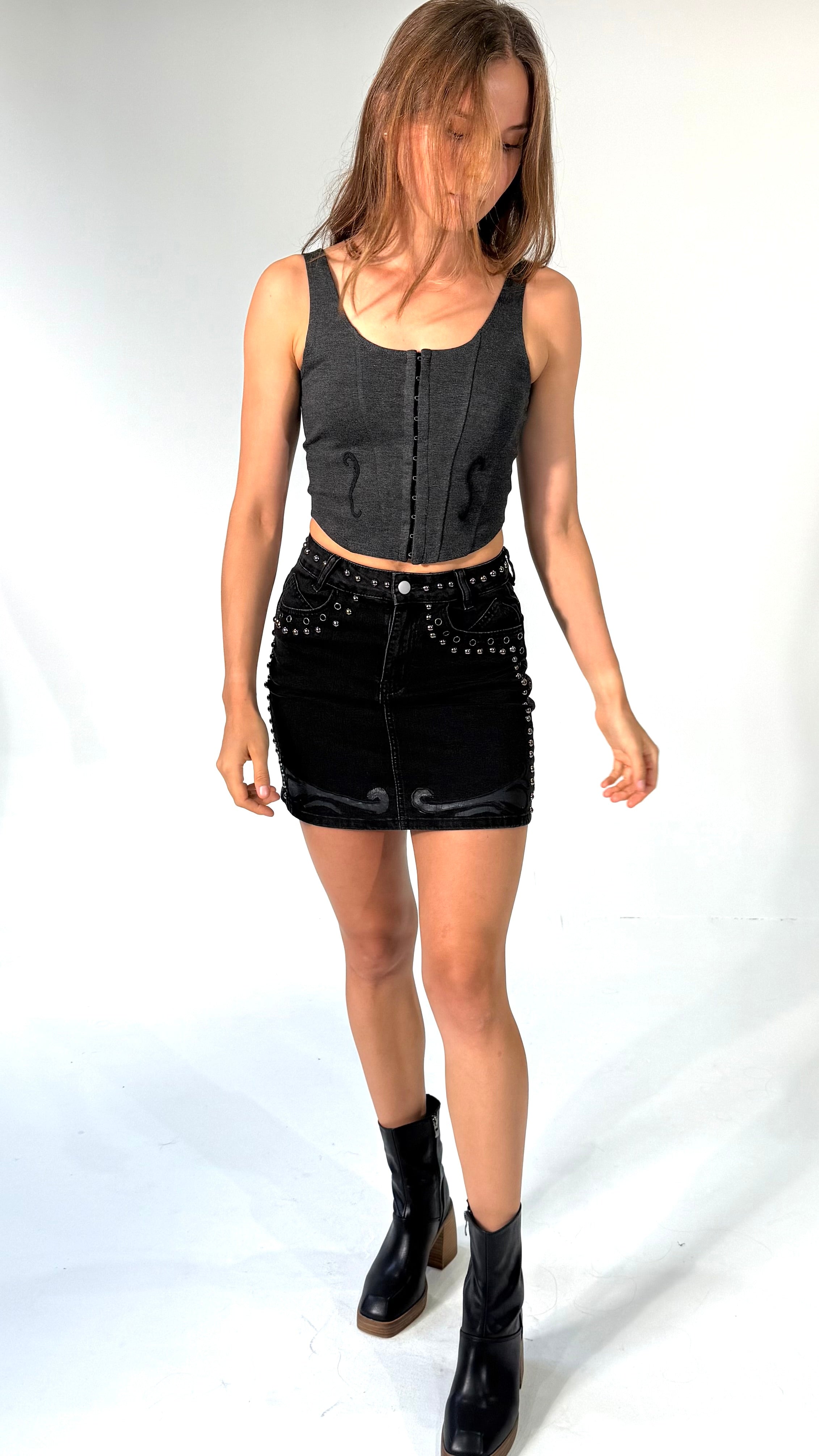 Studded Gray Wash Denim Mini Skirt, Hand Painted and Embroidered
