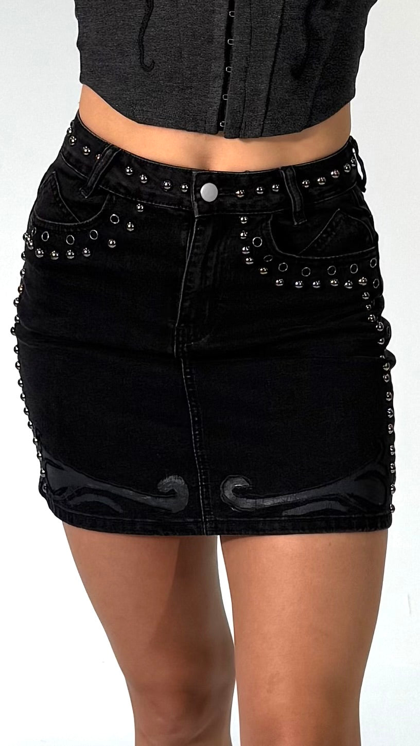 Studded Gray Wash Denim Mini Skirt, Hand Painted and Embroidered
