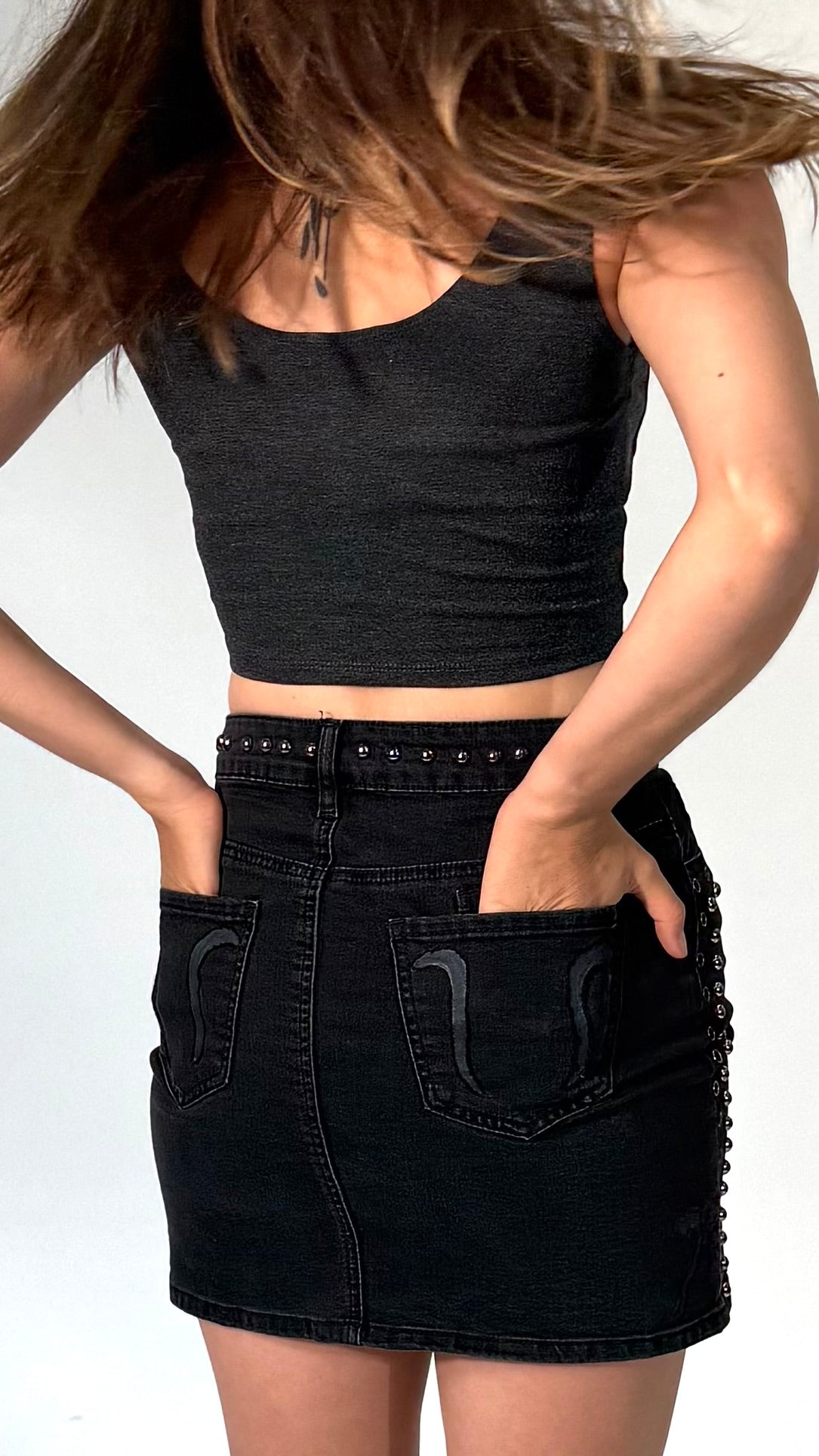 Studded Gray Wash Denim Mini Skirt, Hand Painted and Embroidered