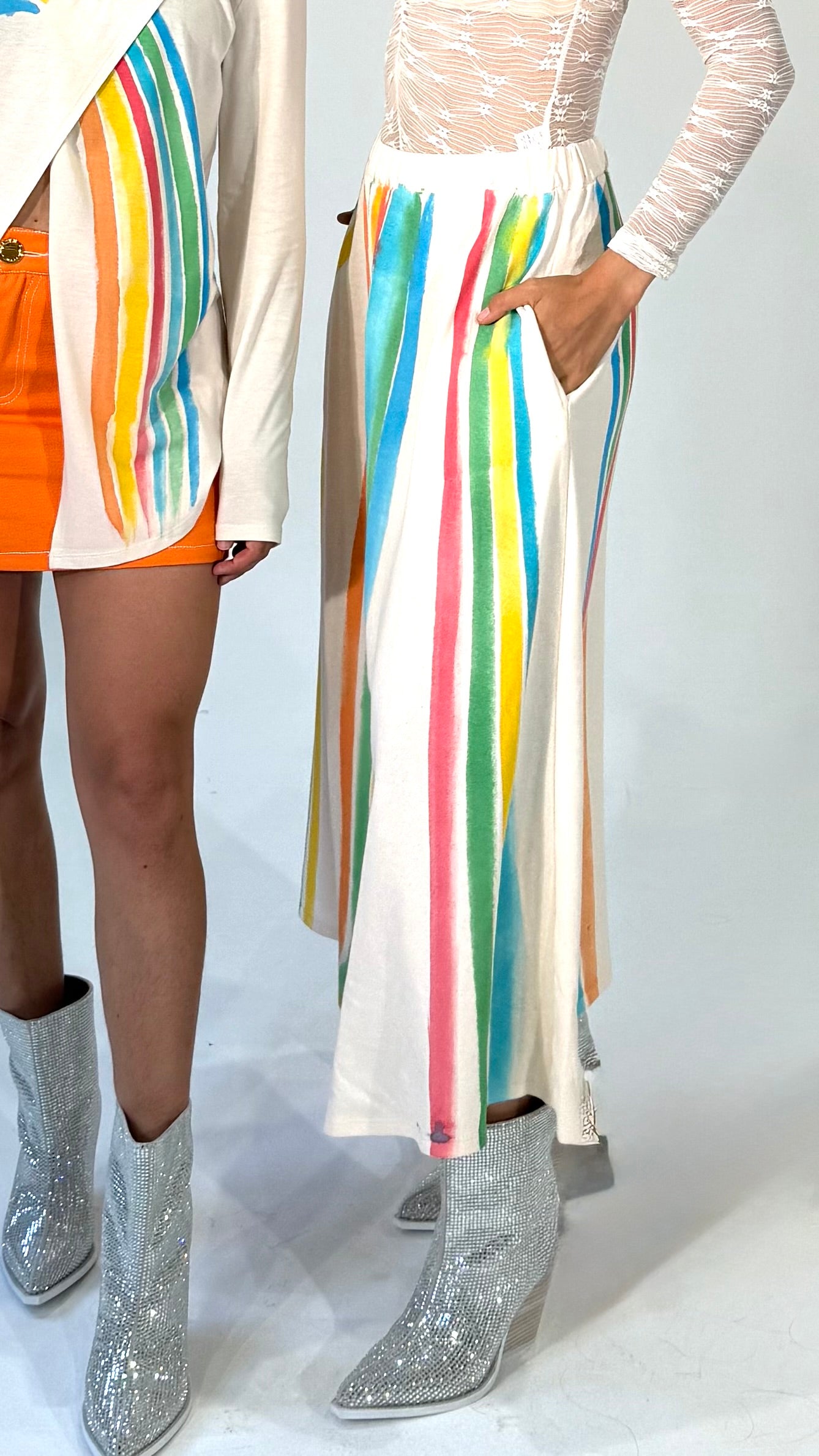 Hand Painted Maxi Skirt- Cream with Rainbow Design