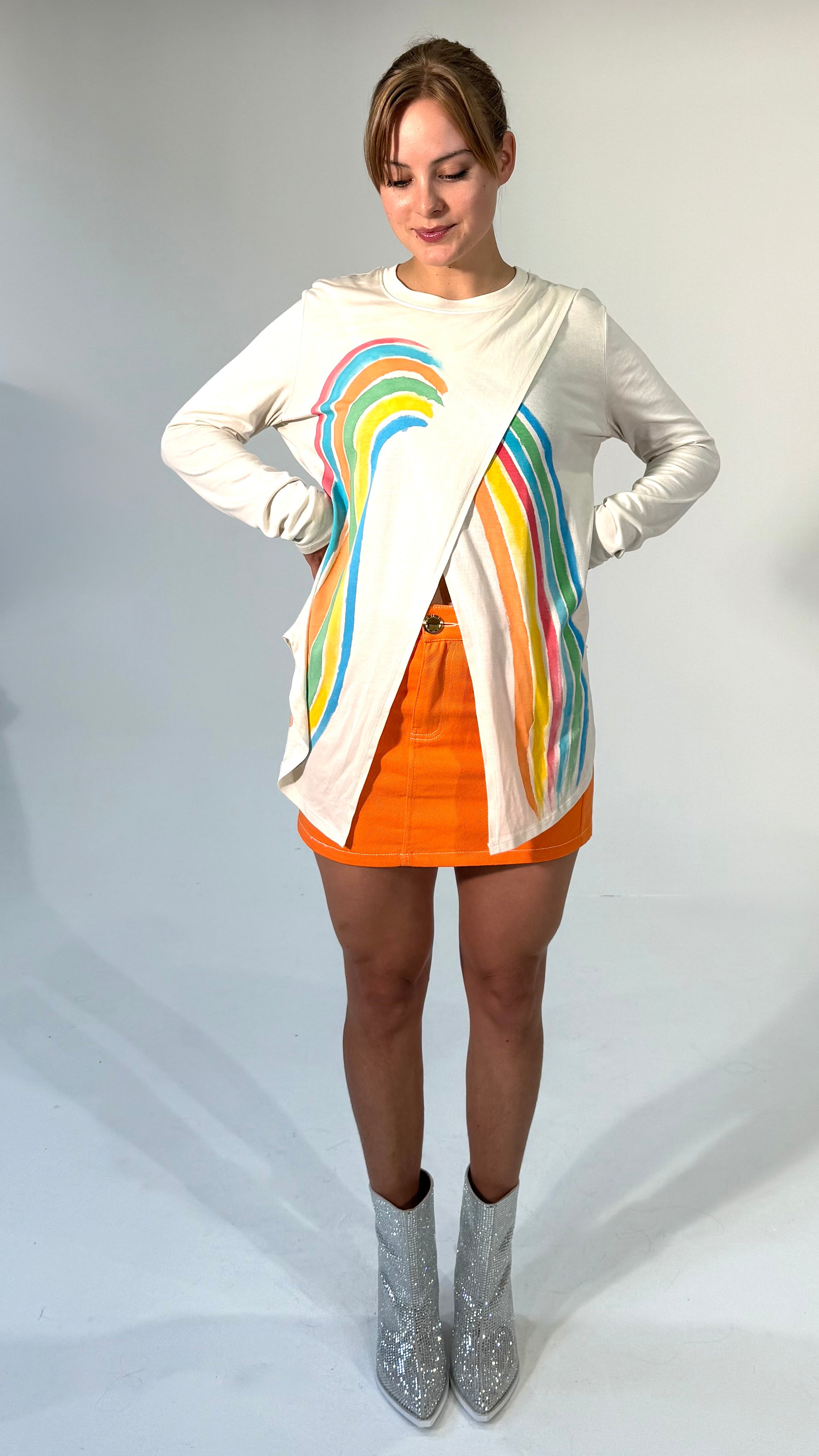 Hand painted, Overlapping Front, Long Draped Buttery Soft Top - Cream & Rainbow