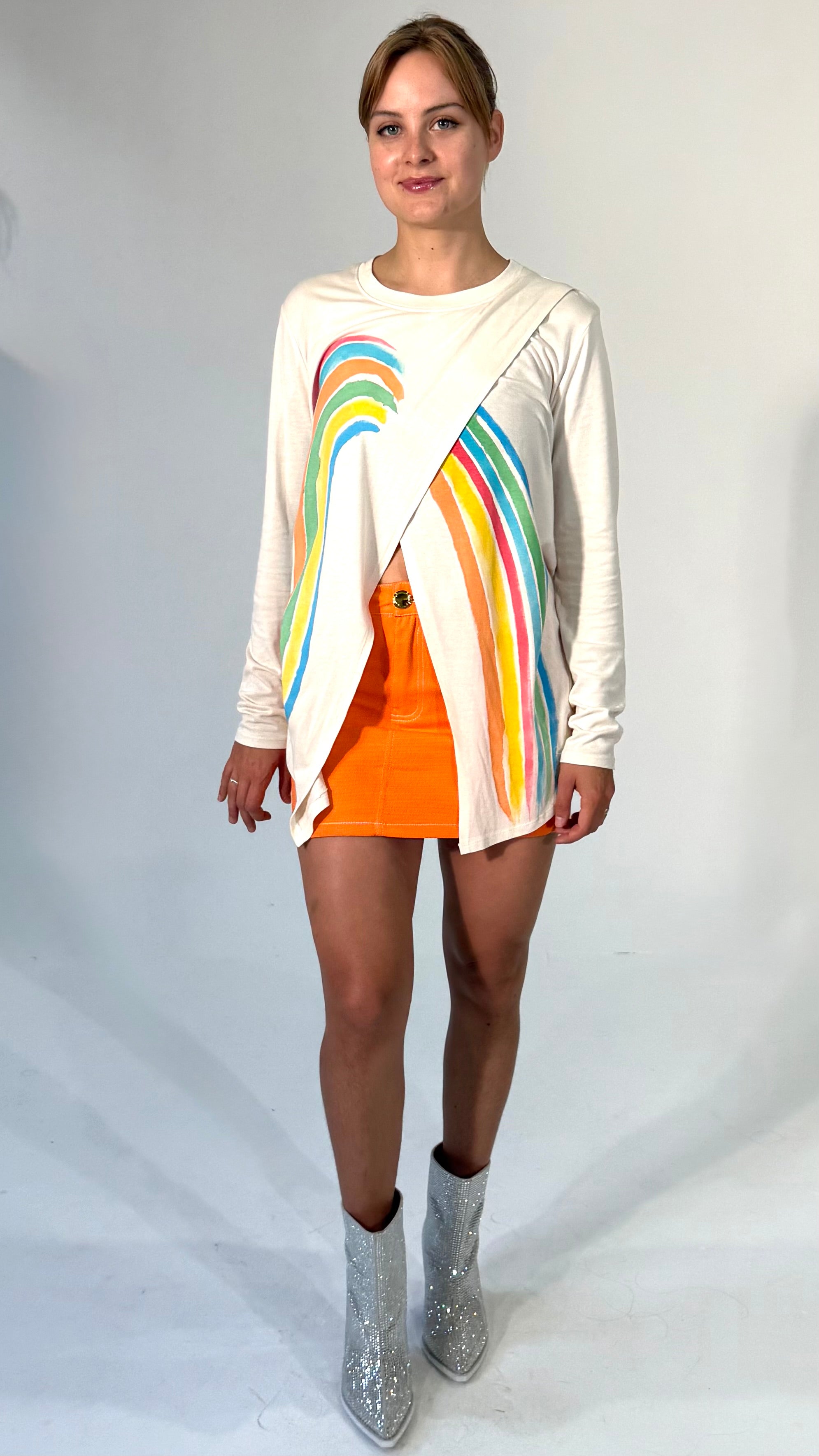 Hand painted, Overlapping Front, Long Draped Buttery Soft Top - Cream & Rainbow