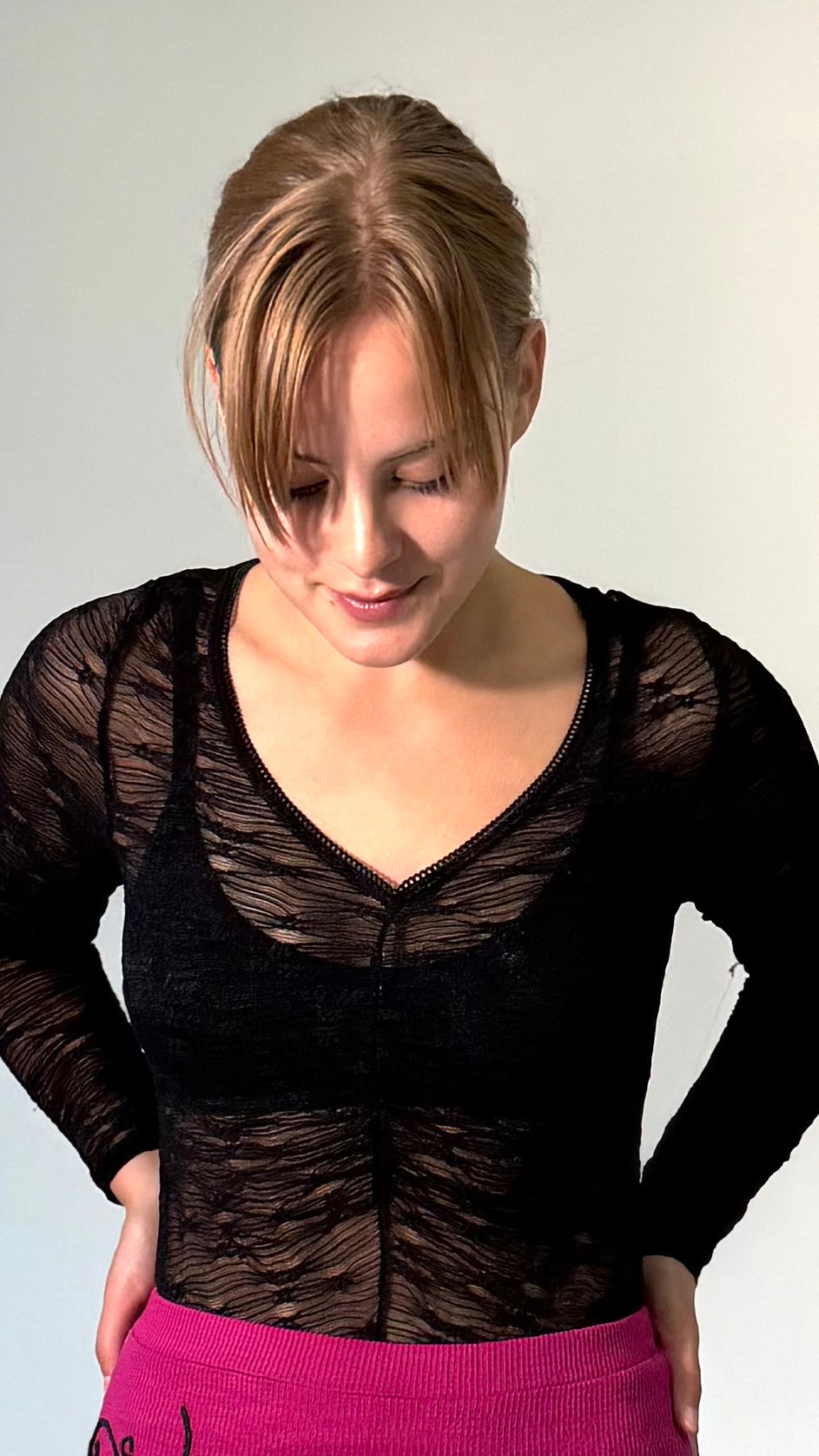 Ruched Front V-neck, Laced Body Suit- Black