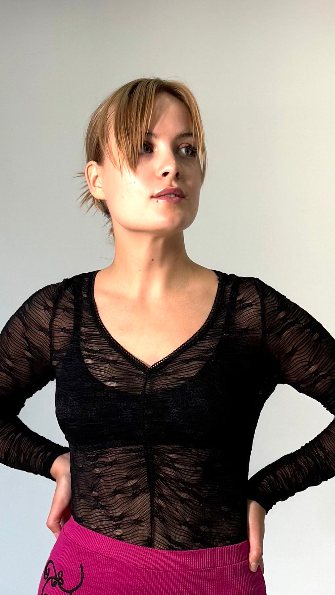 Ruched Front V-neck, Laced Body Suit- Black