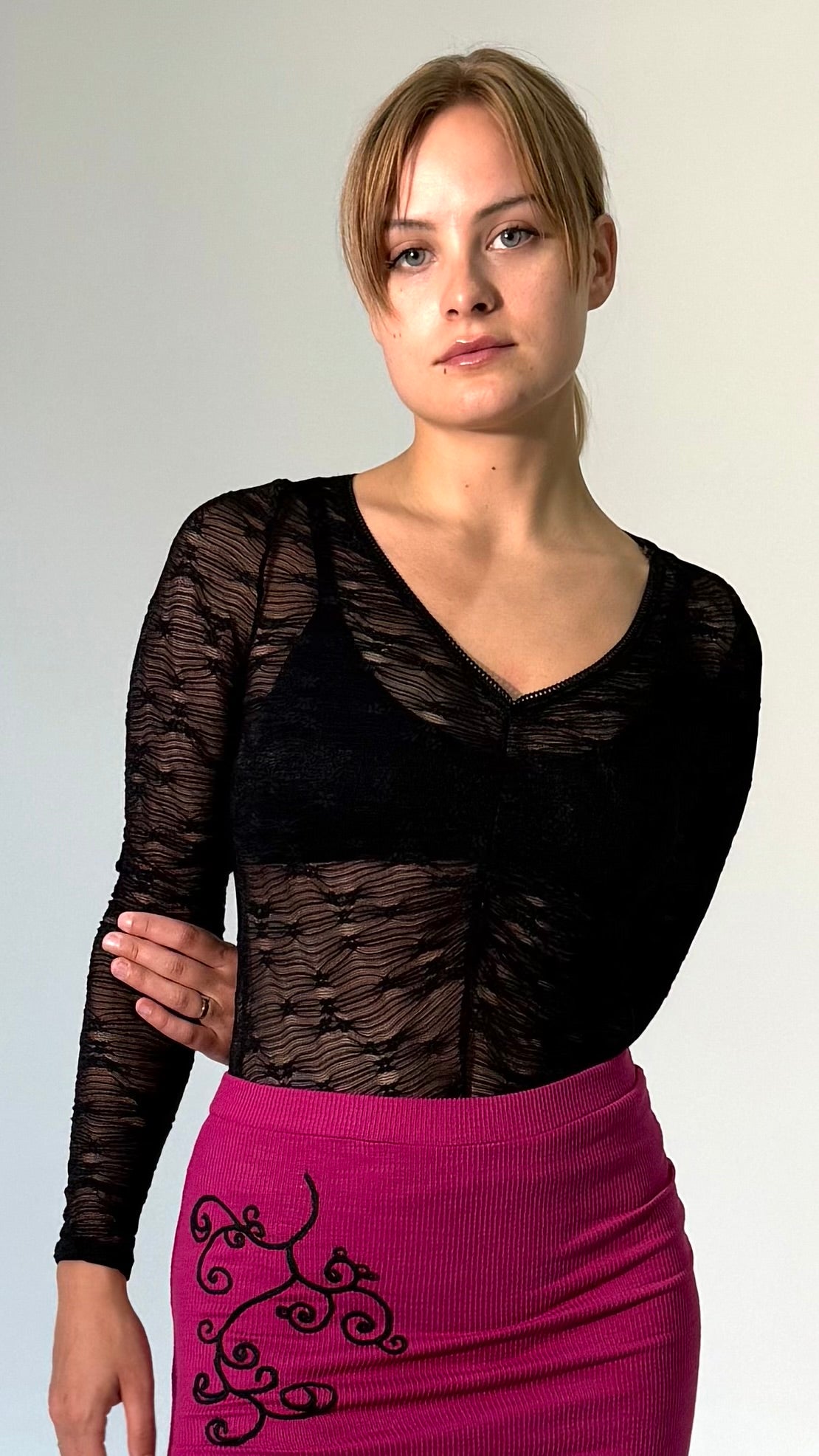 Ruched Front V-neck, Laced Body Suit- Black