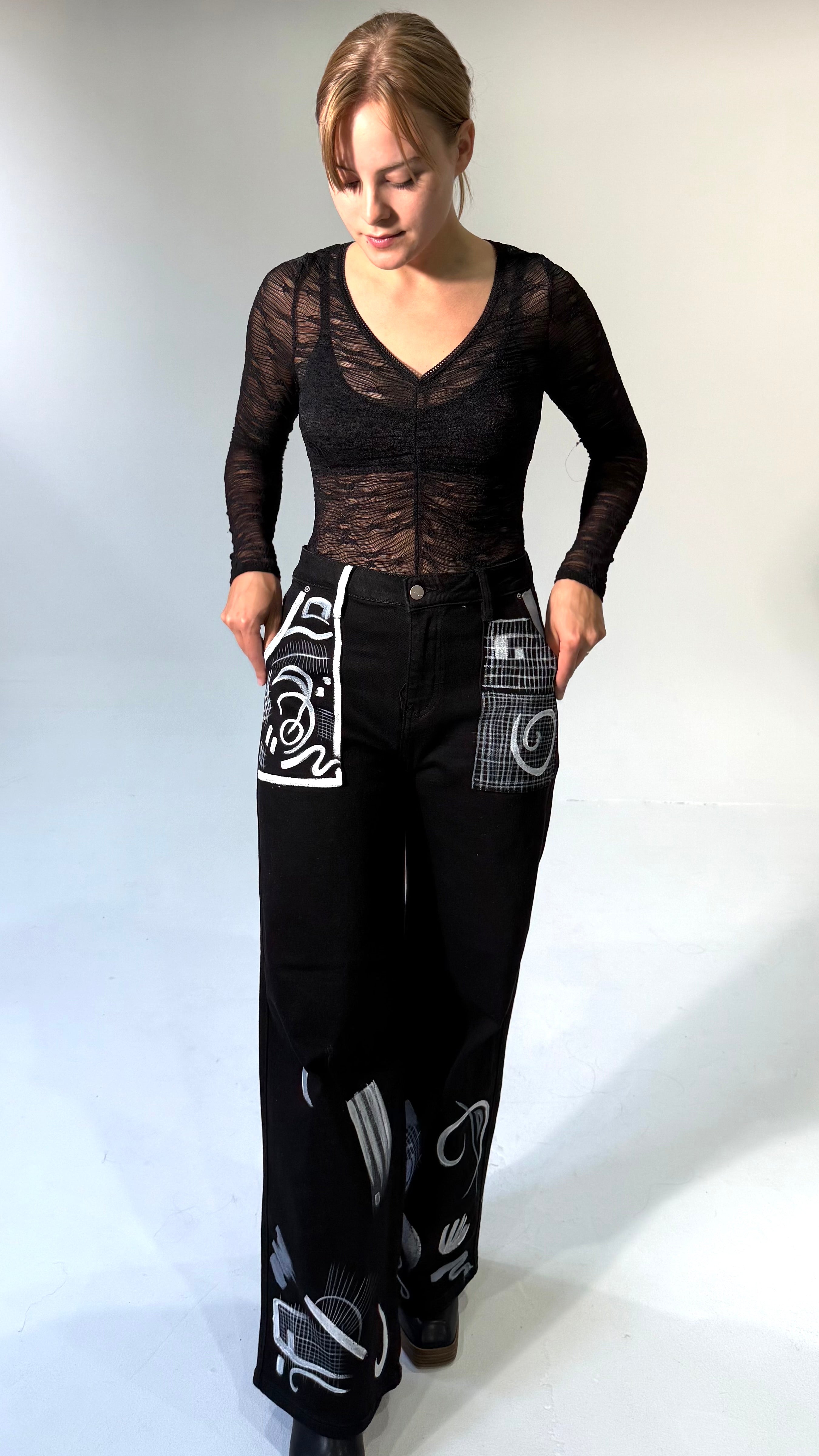 Hand Painted Wide Leg Jeans- Black