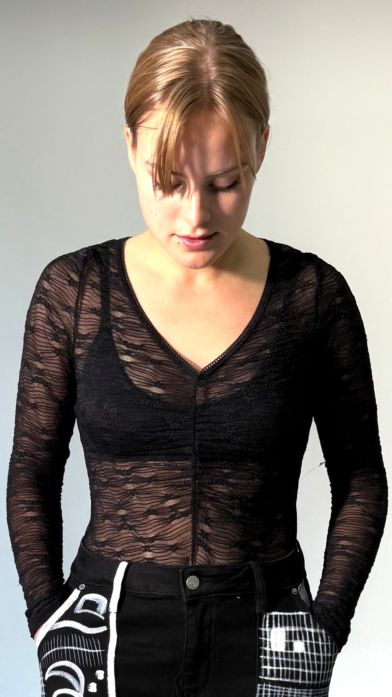 Ruched Front V-neck, Laced Body Suit- Black