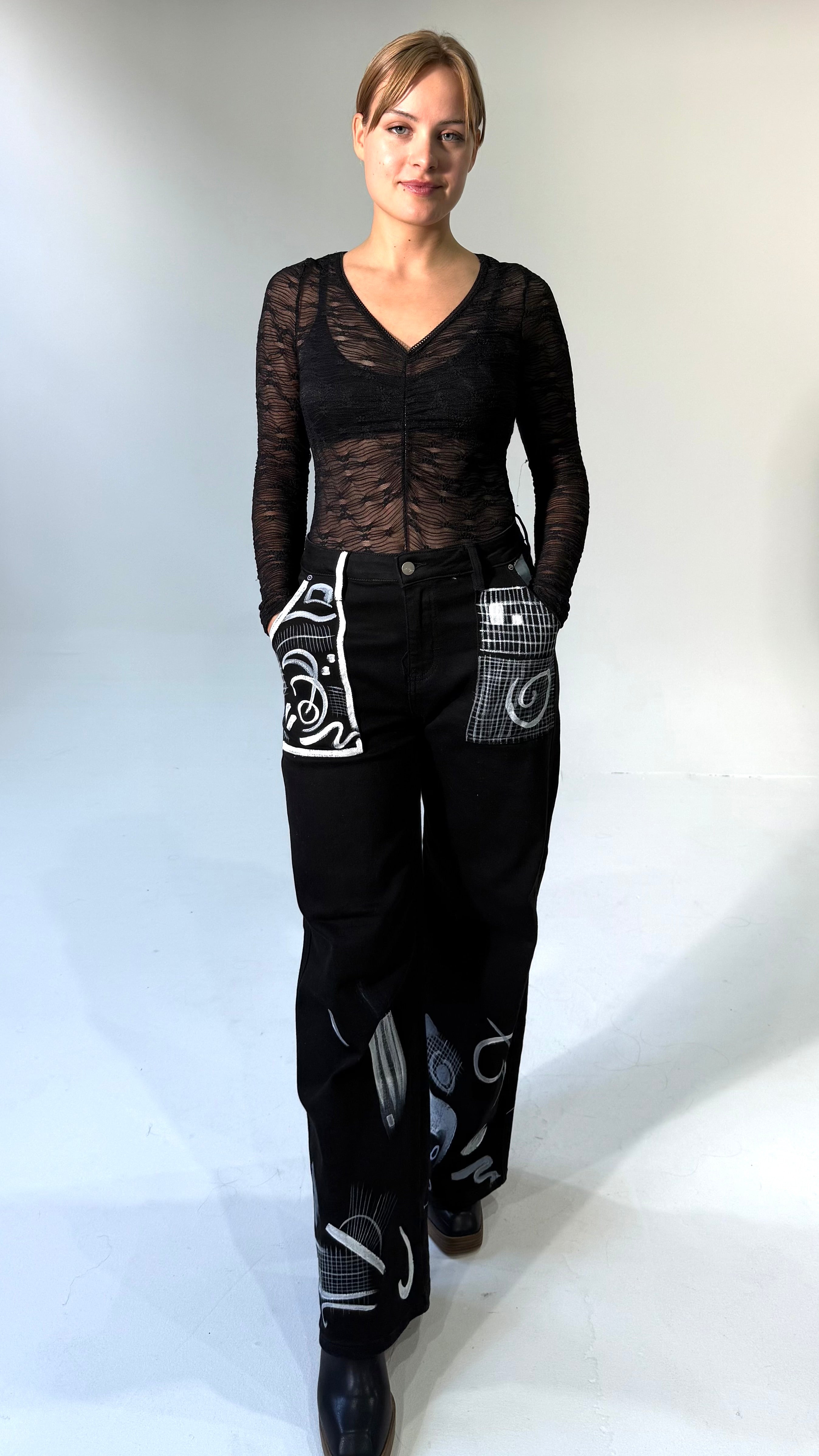 Hand Painted Wide Leg Jeans- Black
