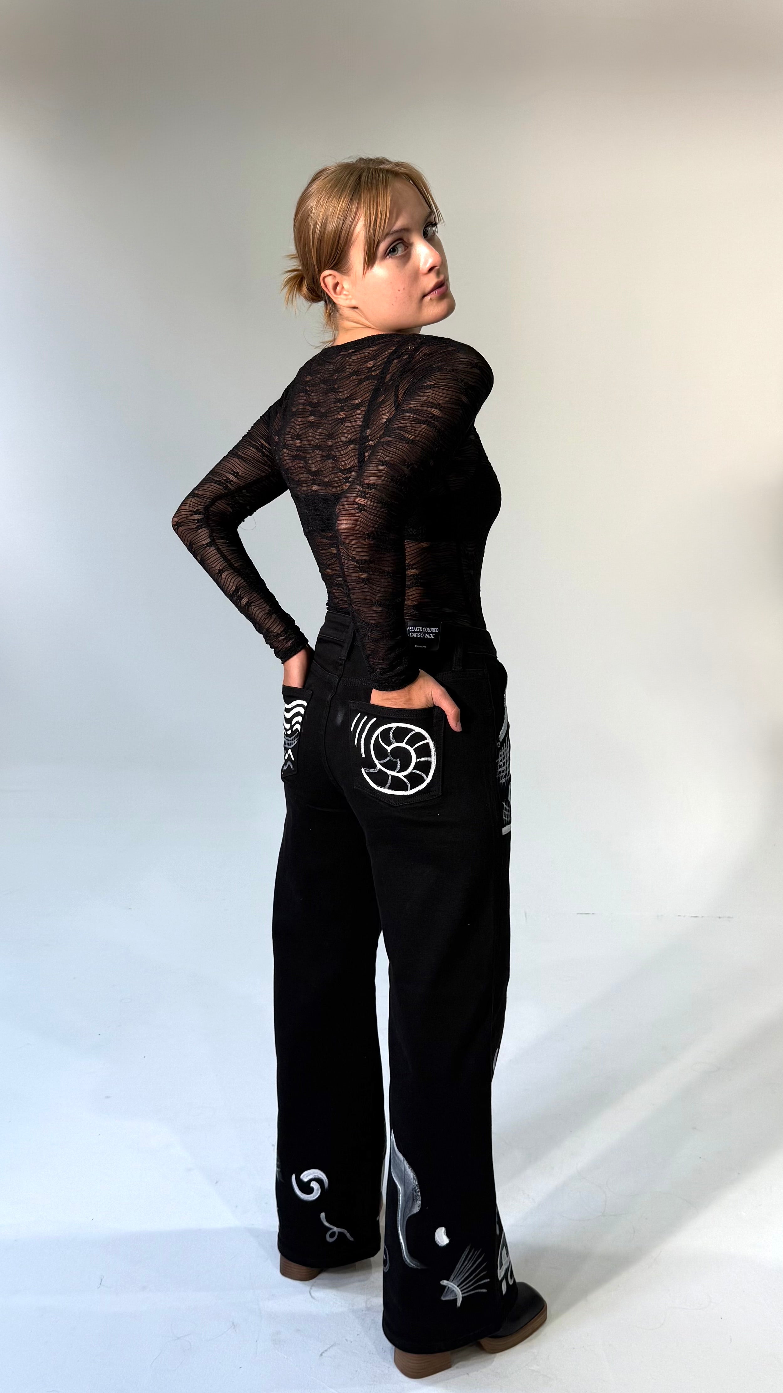 Hand Painted Wide Leg Jeans- Black
