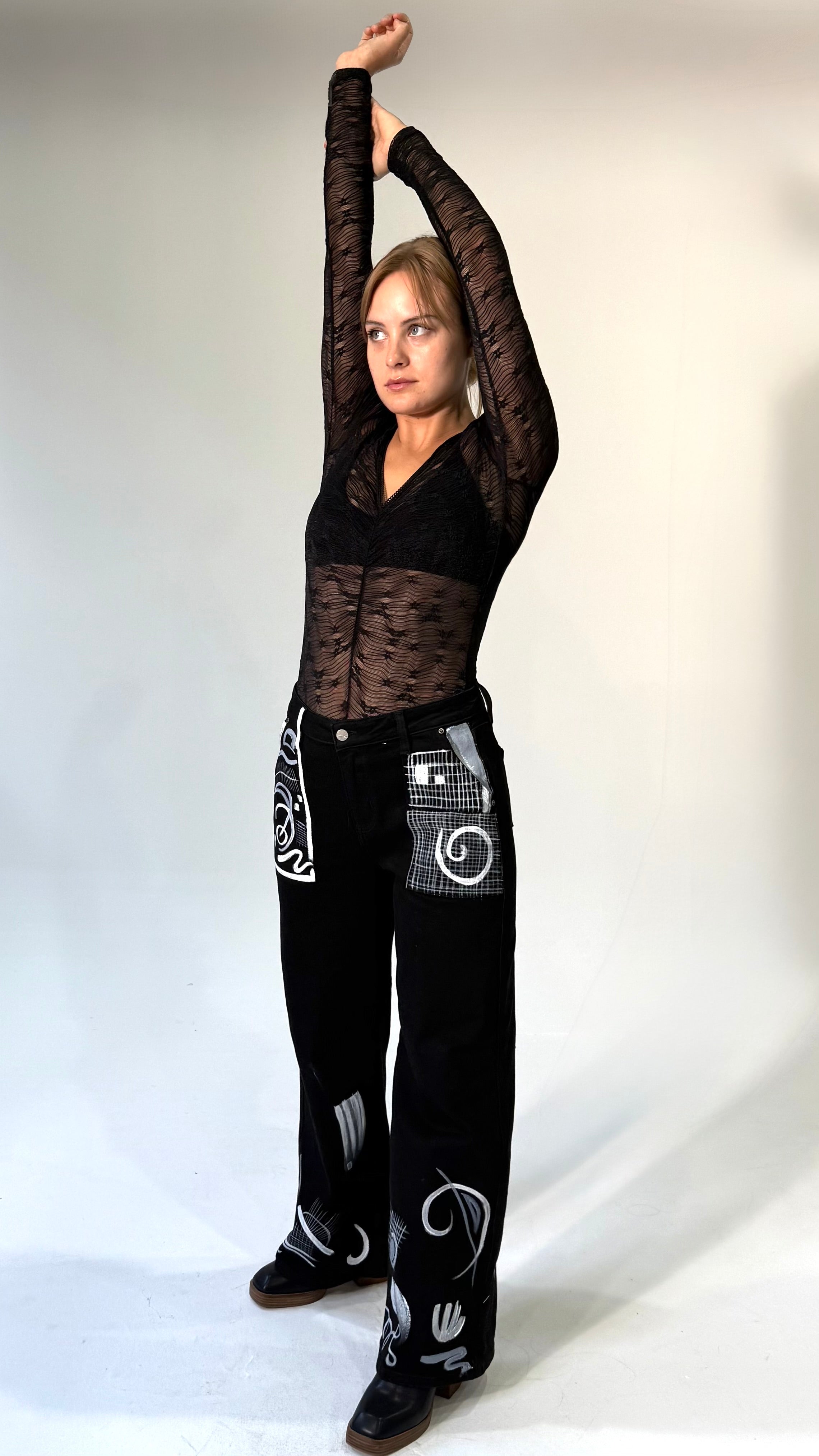 Hand Painted Wide Leg Jeans- Black