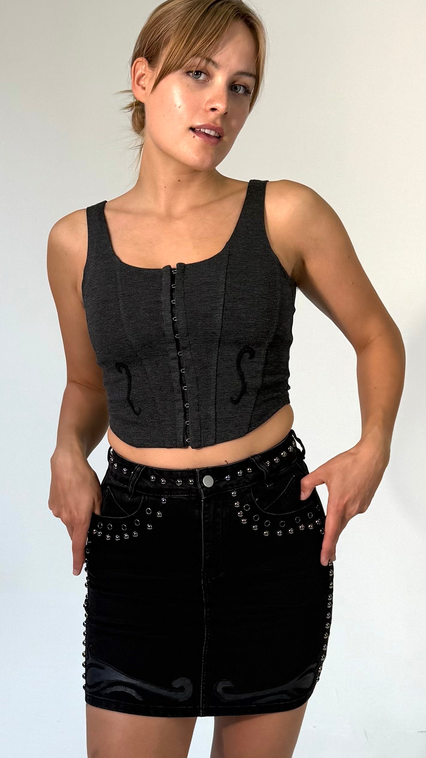 Emrboidered Scroll Bustier Tank-Charcoal