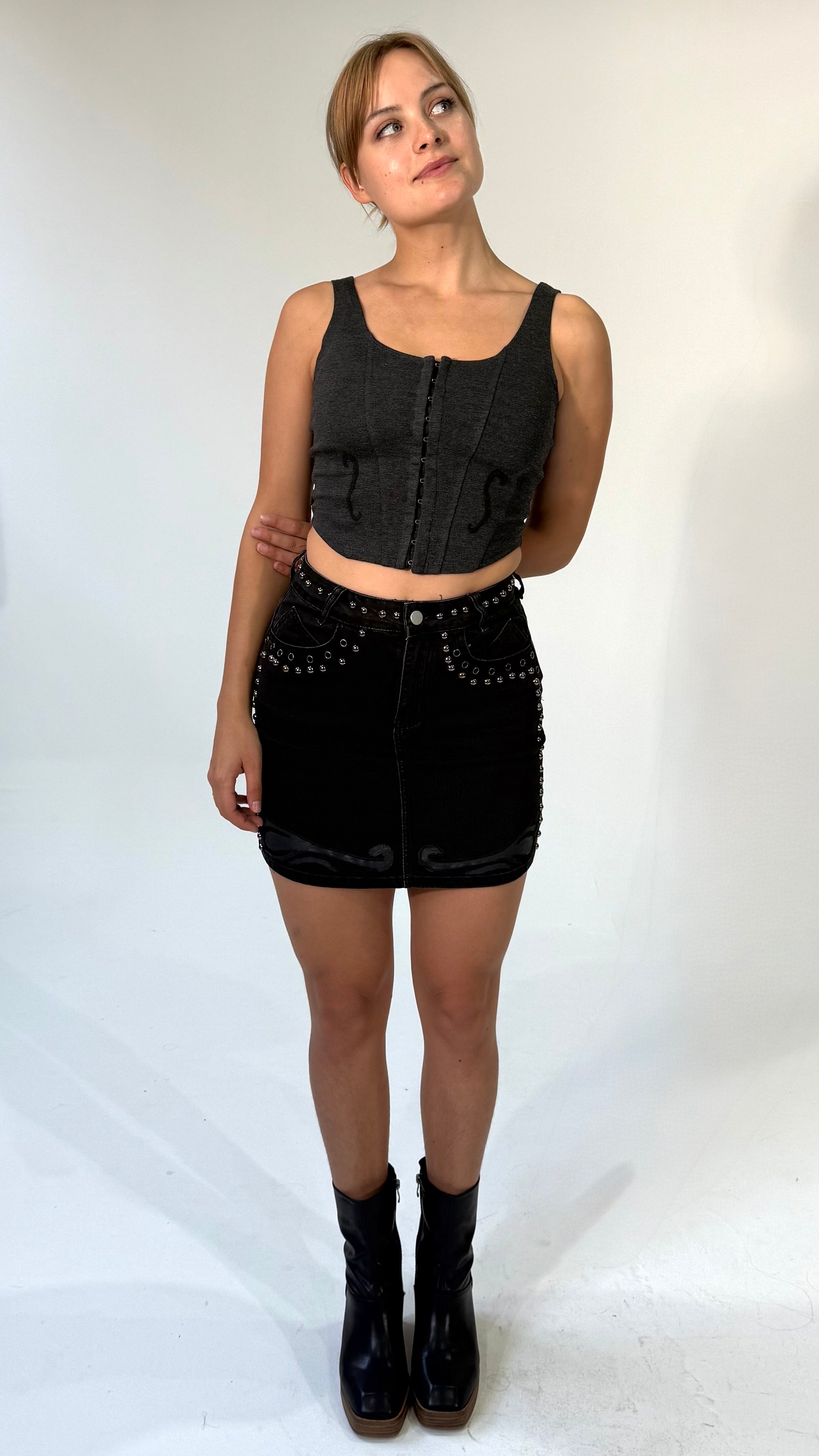 Emrboidered Scroll Bustier Tank-Charcoal