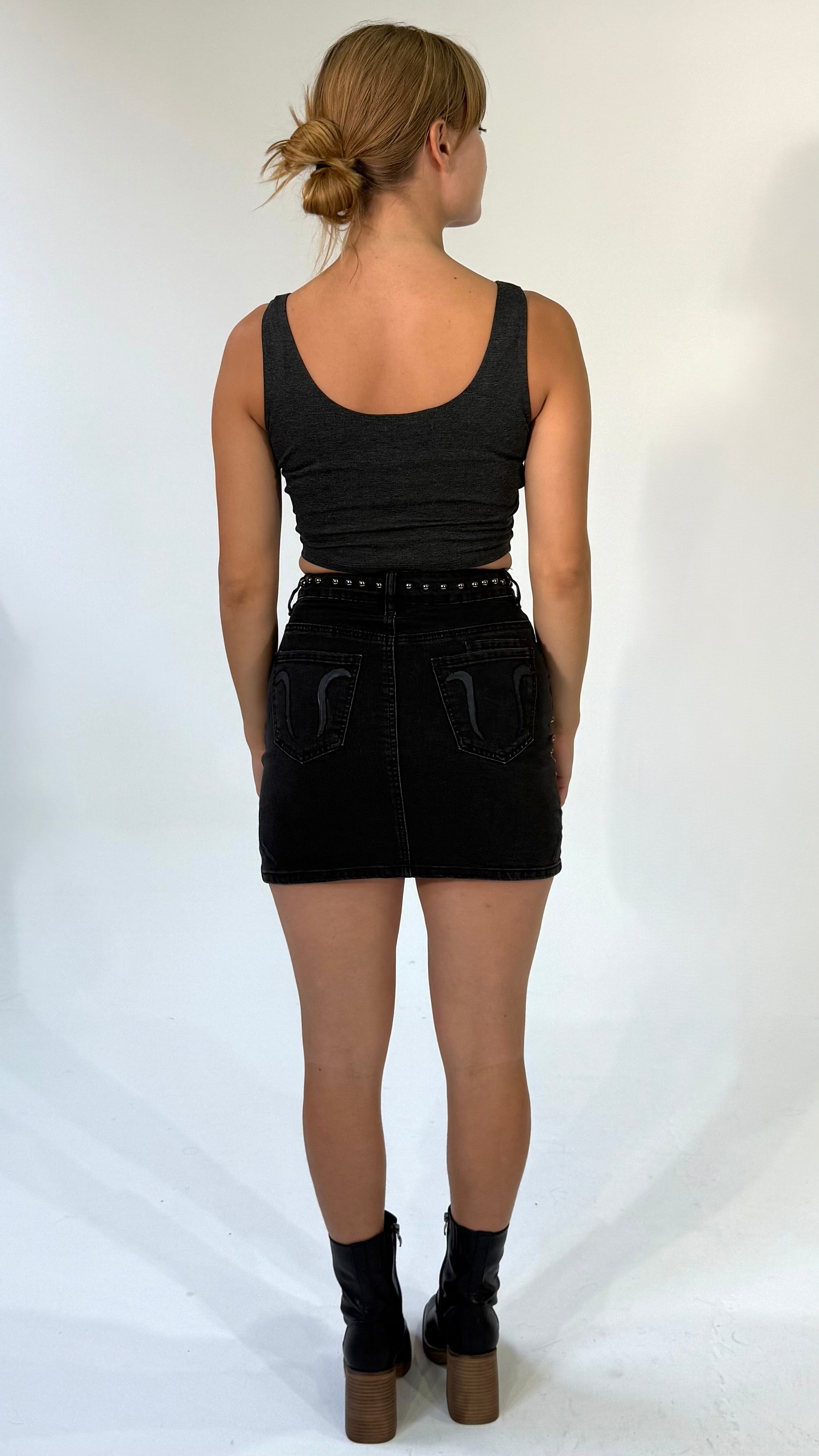 Emrboidered Scroll Bustier Tank-Charcoal