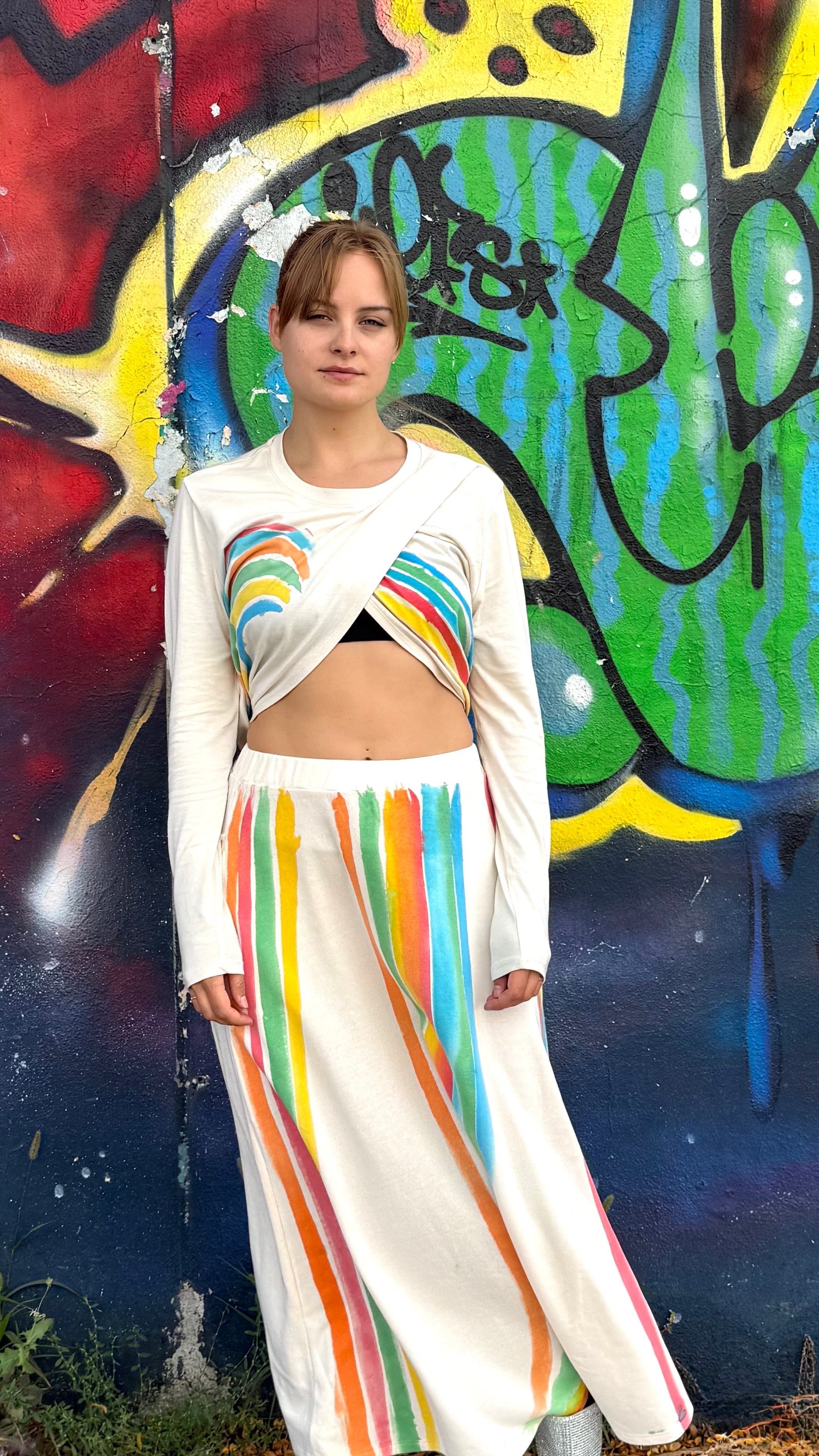 Hand painted, Overlapping Front, Long Draped Buttery Soft Top - Cream & Rainbow