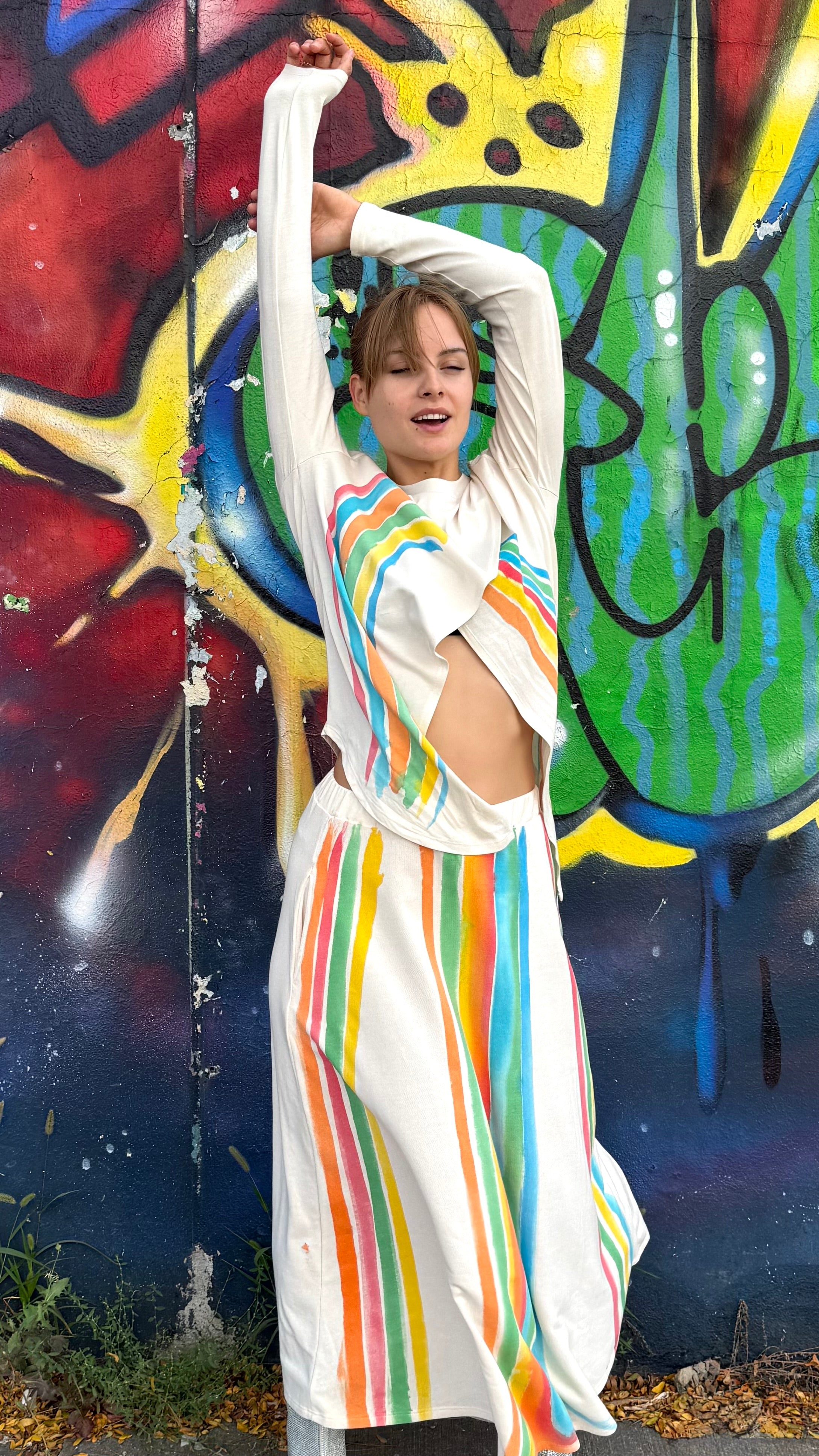 Hand Painted Maxi Skirt- Cream with Rainbow Design