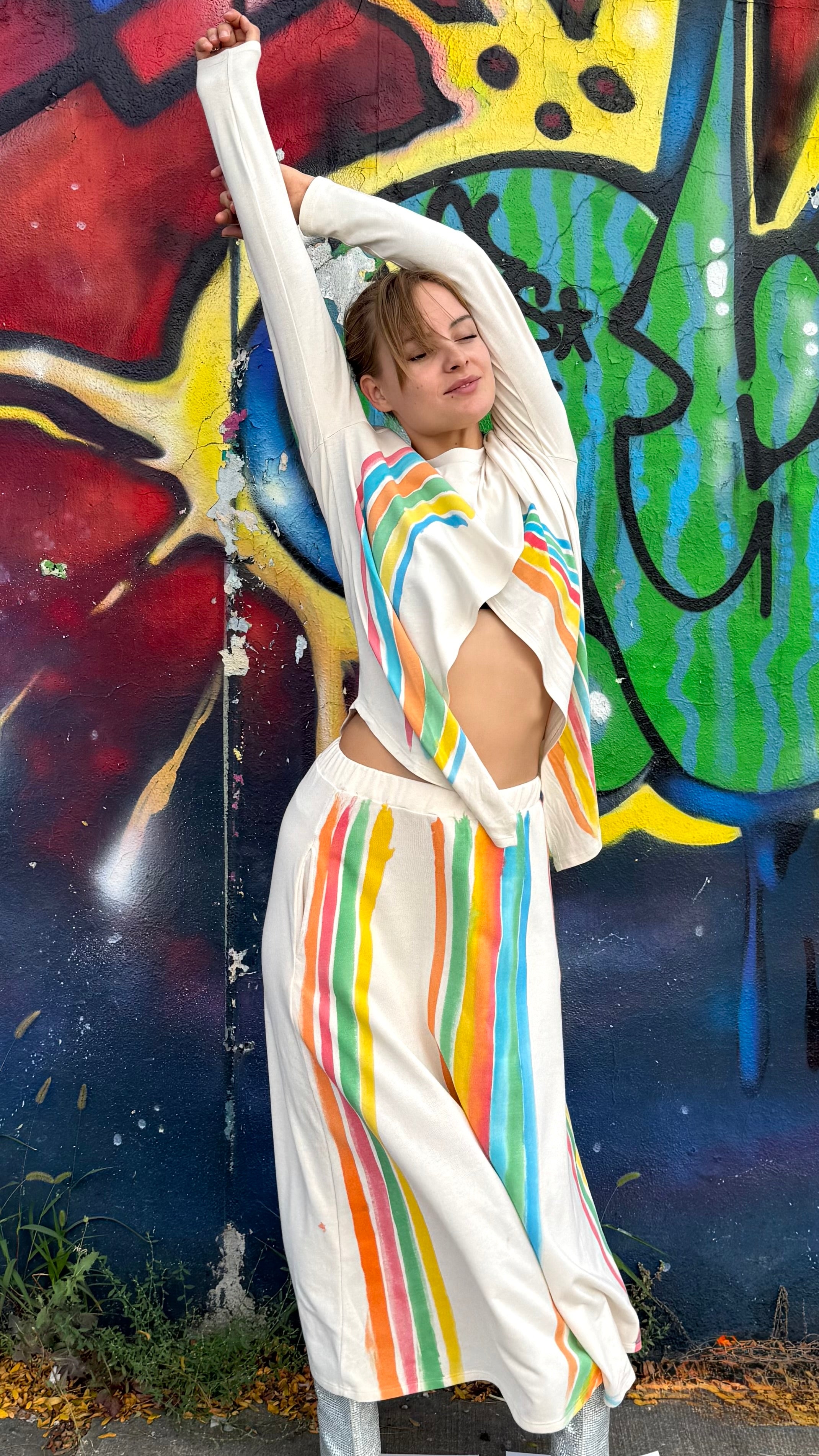 Hand painted, Overlapping Front, Long Draped Buttery Soft Top - Cream & Rainbow