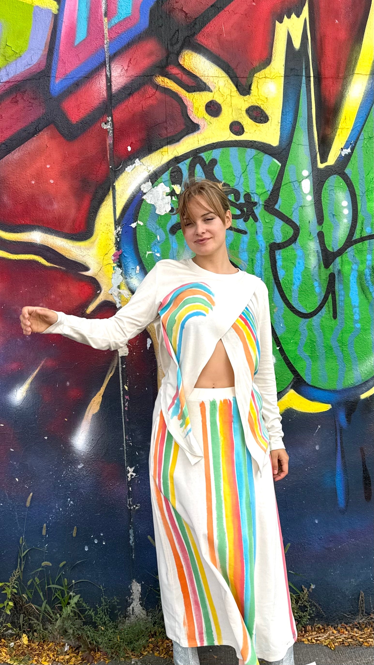 Hand Painted Maxi Skirt- Cream with Rainbow Design