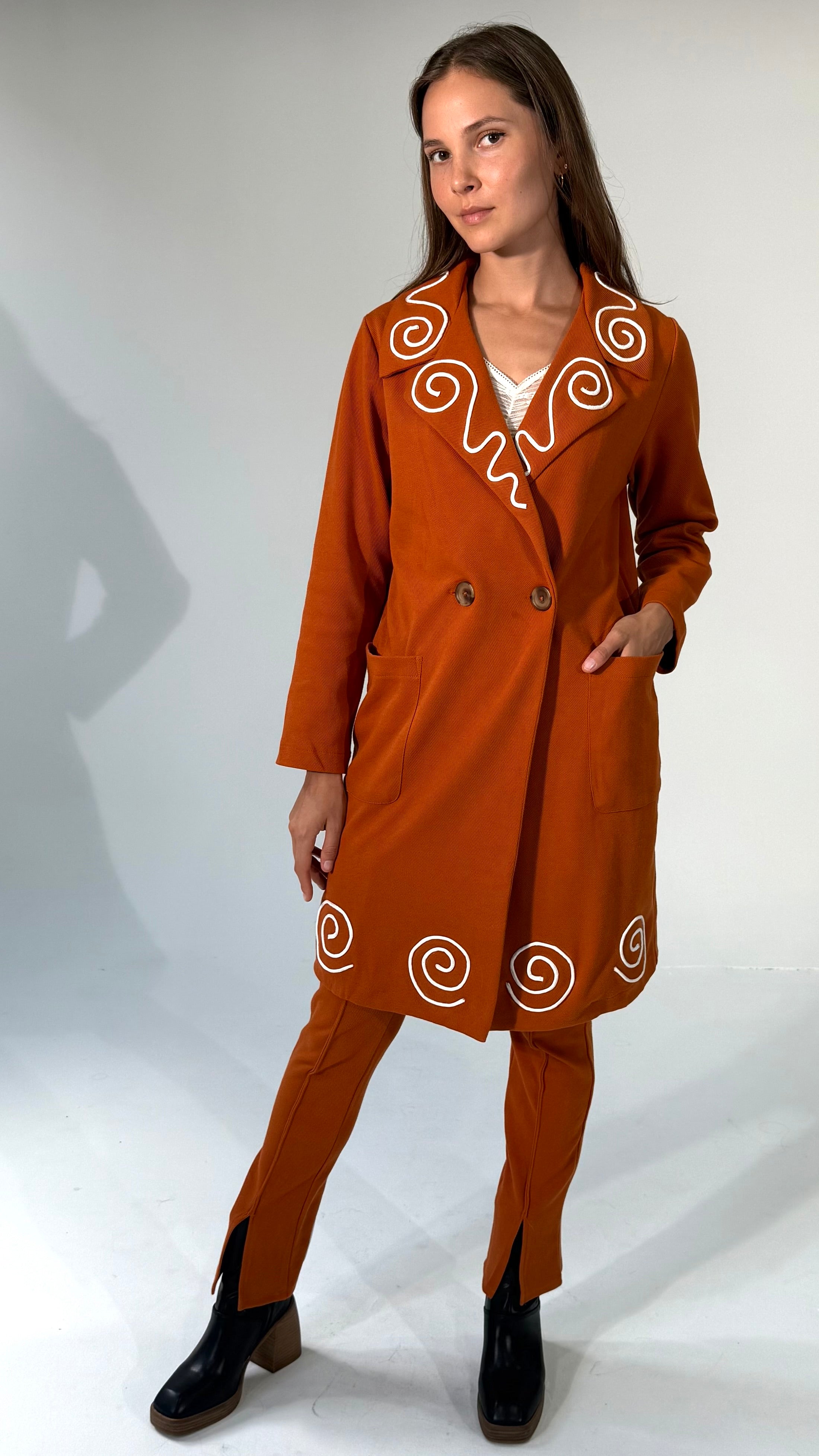 4 Way Wear-Double Breasted Coat- Burnt Orange/White- Made to Order