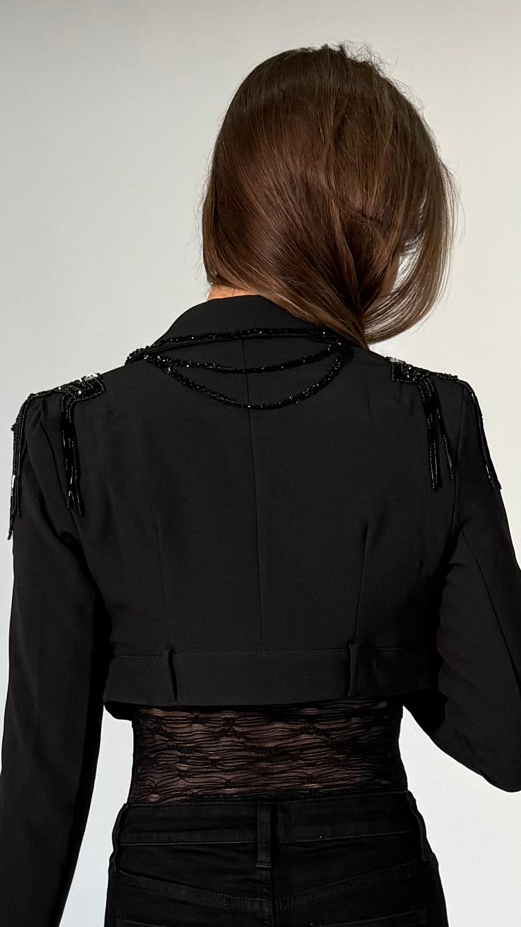 Cropped Cocktail Jacket with Sequin and Jewel Applique-Black