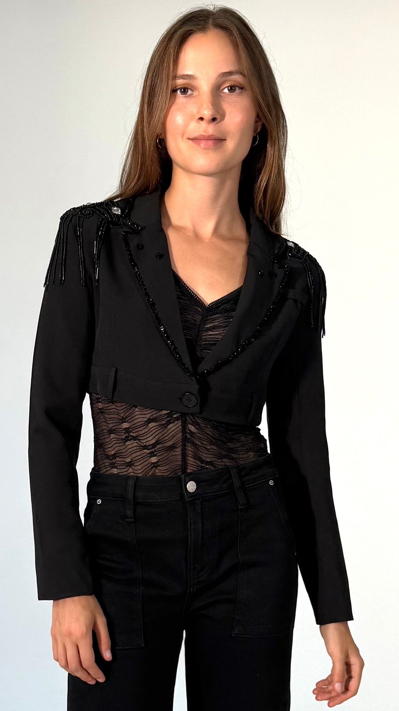 Cropped Cocktail Jacket with Sequin and Jewel Applique-Black