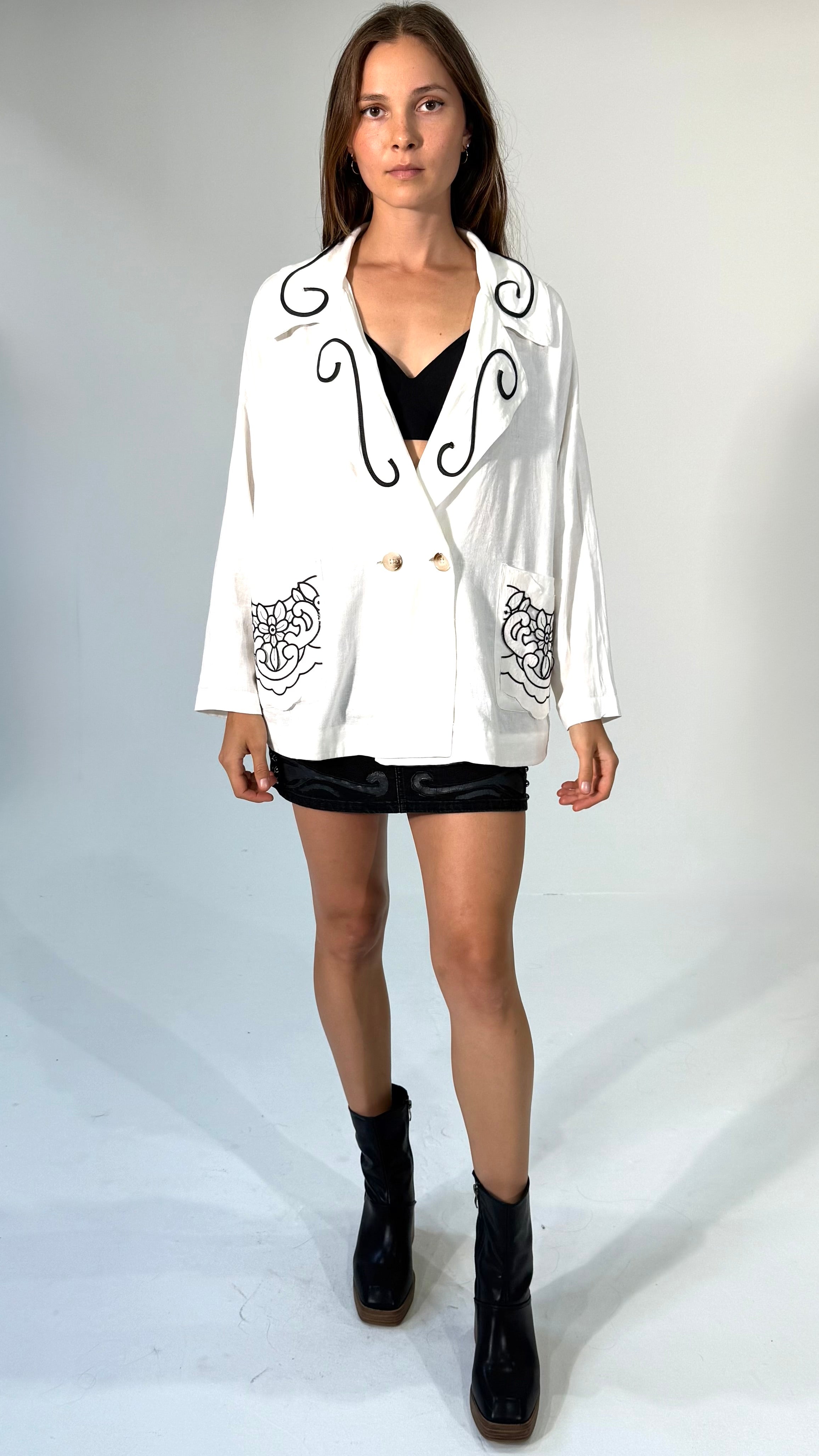 "Painter's Jacket" Oversize White Linen Jacket with Embroidery
