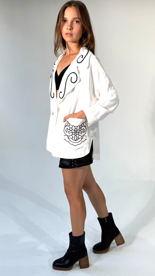 "Painter's Jacket" Oversize White Linen Jacket with Embroidery