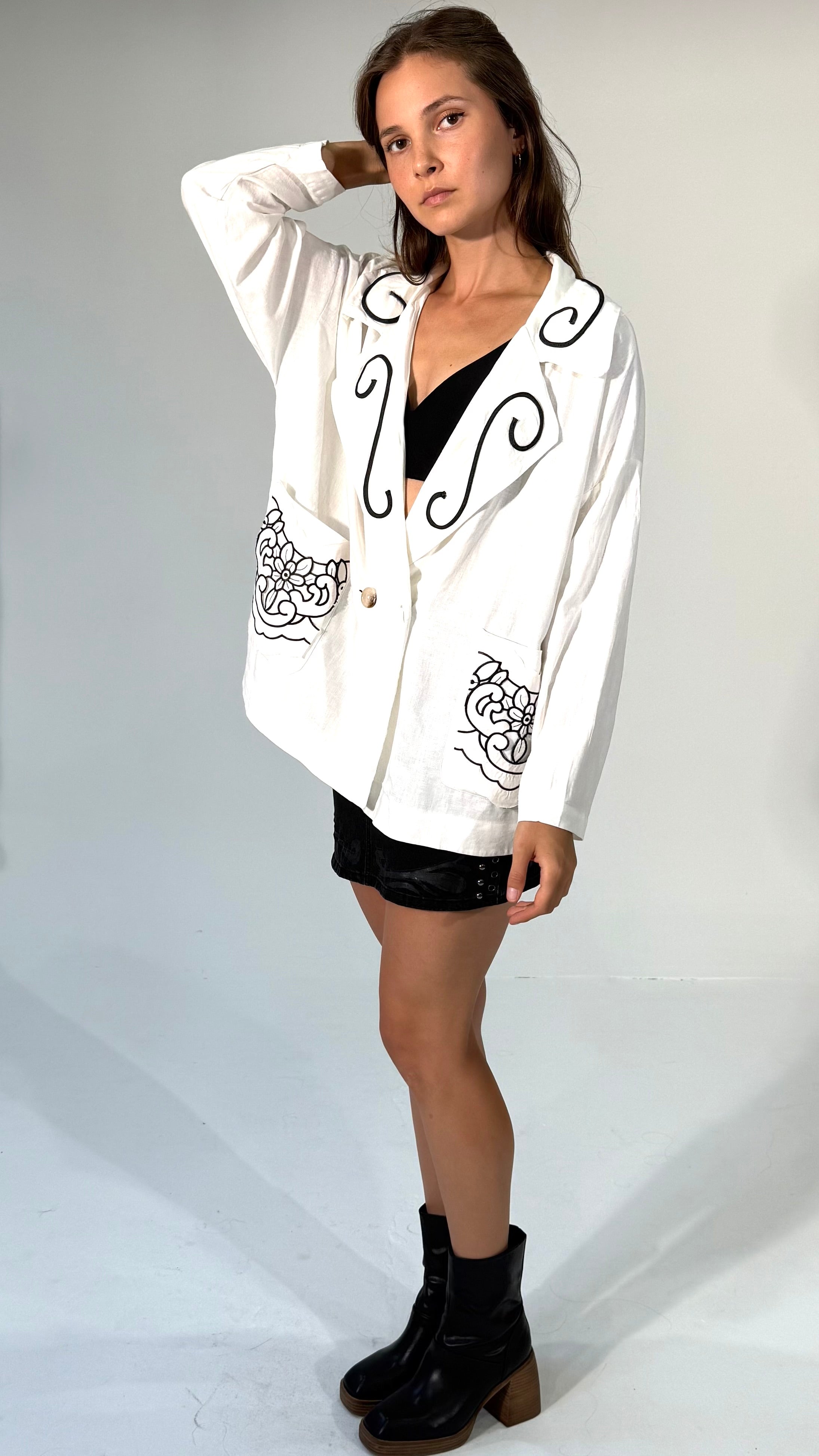 "Painter's Jacket" Oversize White Linen Jacket with Embroidery