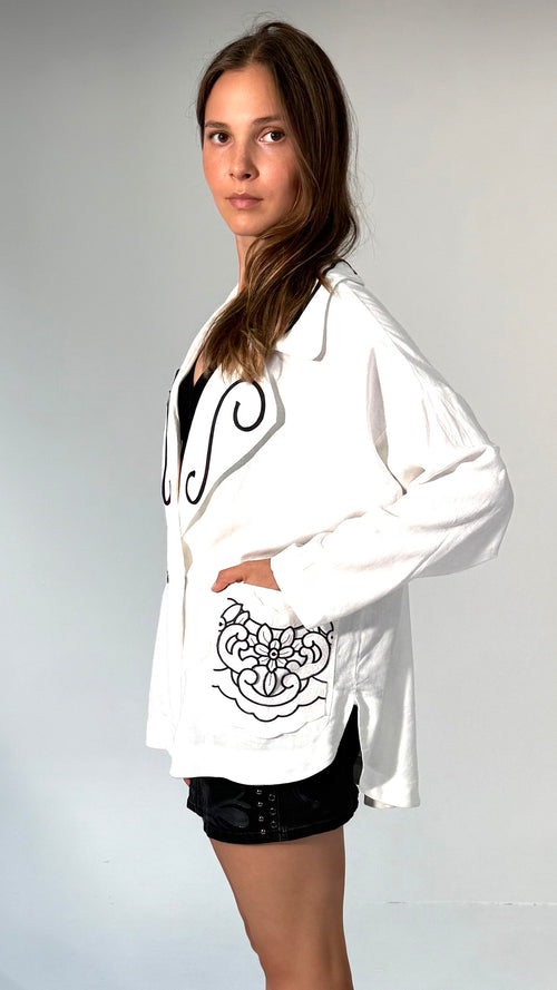 "Painter's Jacket" Oversize White Linen Jacket with Embroidery