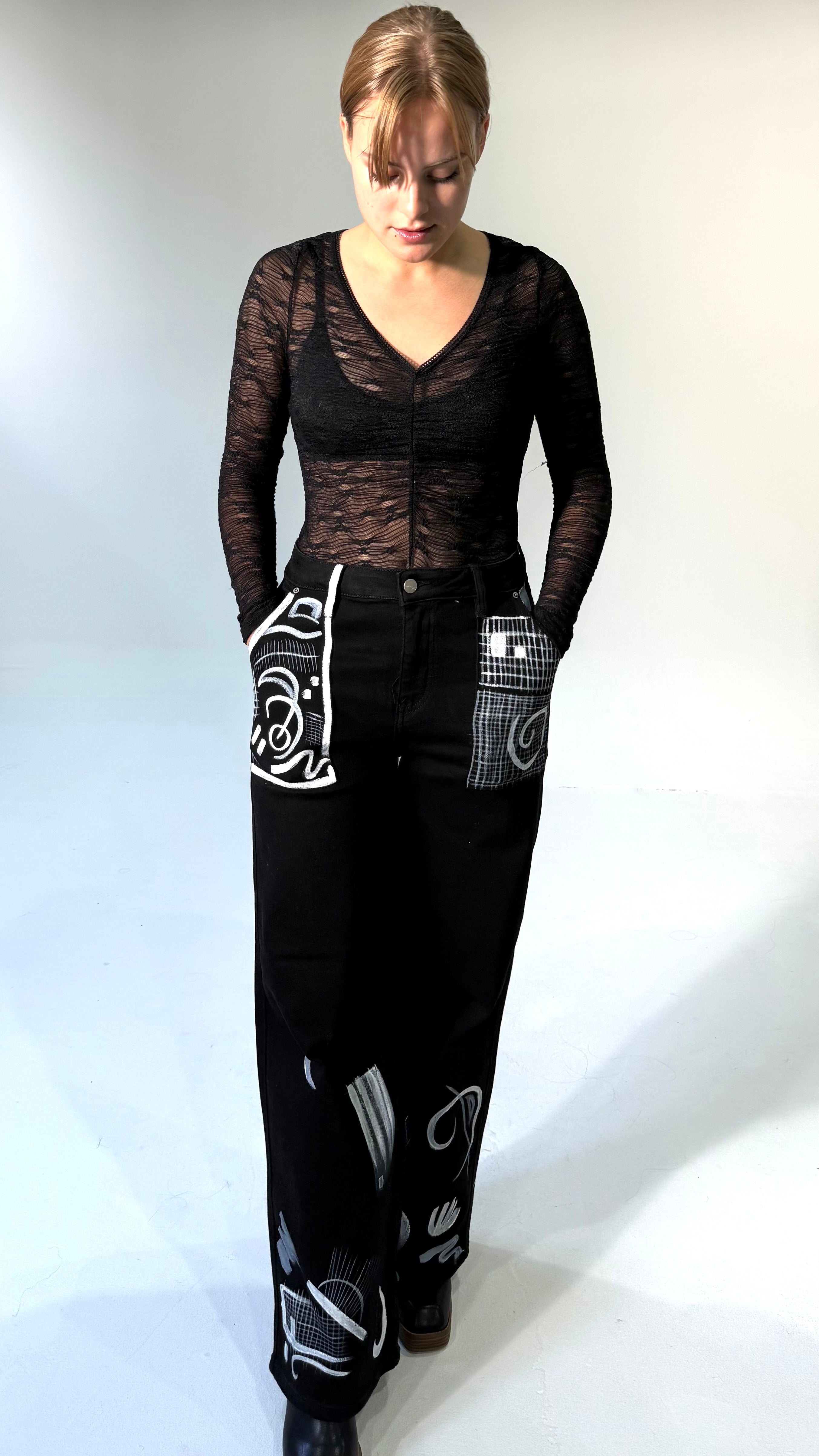Hand Painted Wide Leg Jeans- Black
