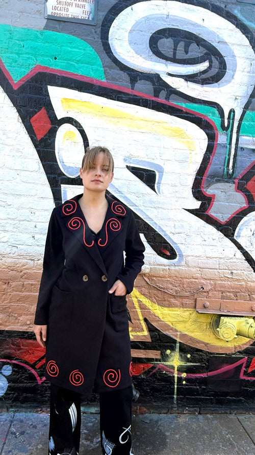 4 Way Wear-Double Breasted Coat- Black/Red Spiral- Made to Order