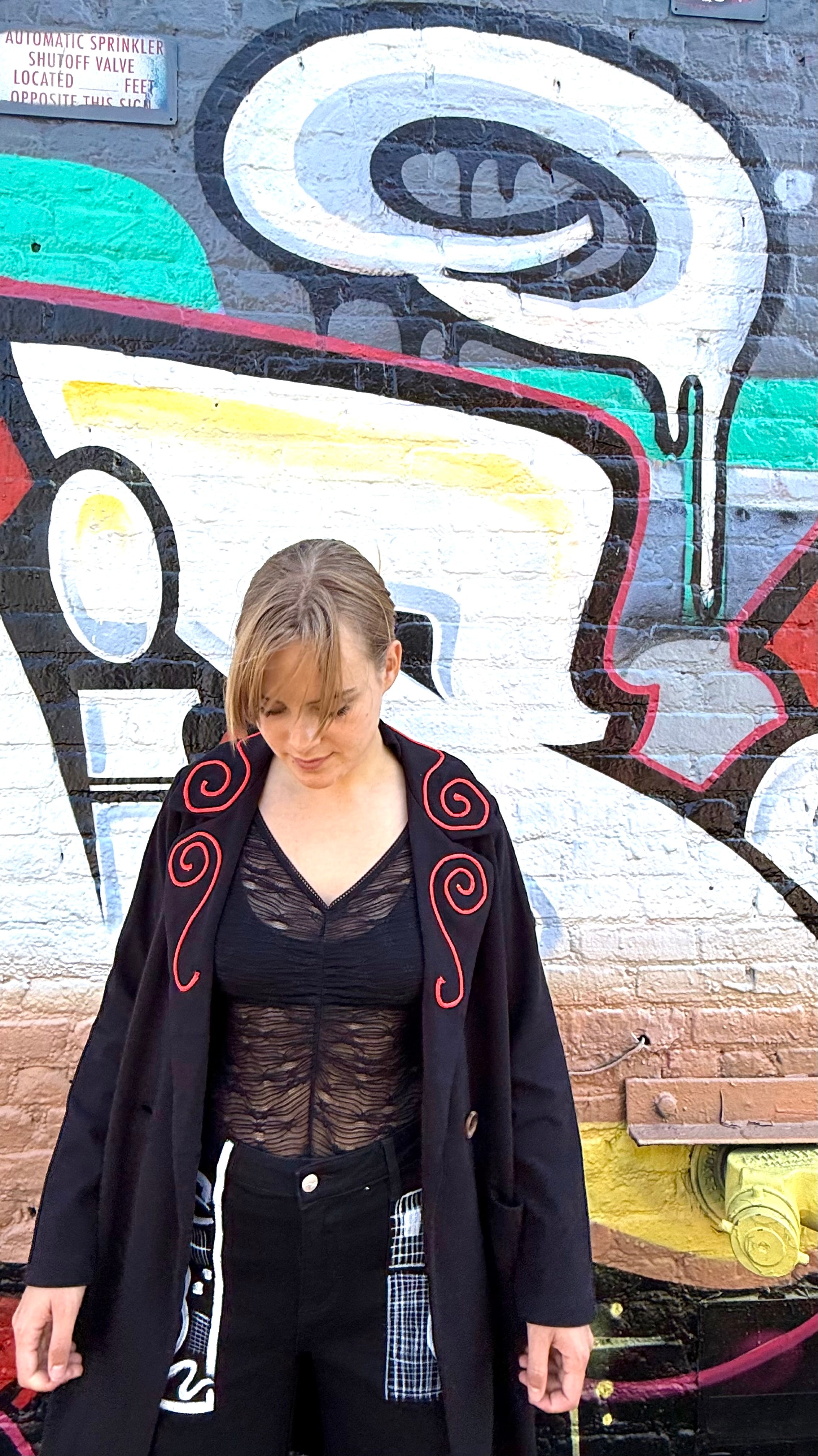4 Way Wear-Double Breasted Coat- Black/Red Spiral- Made to Order