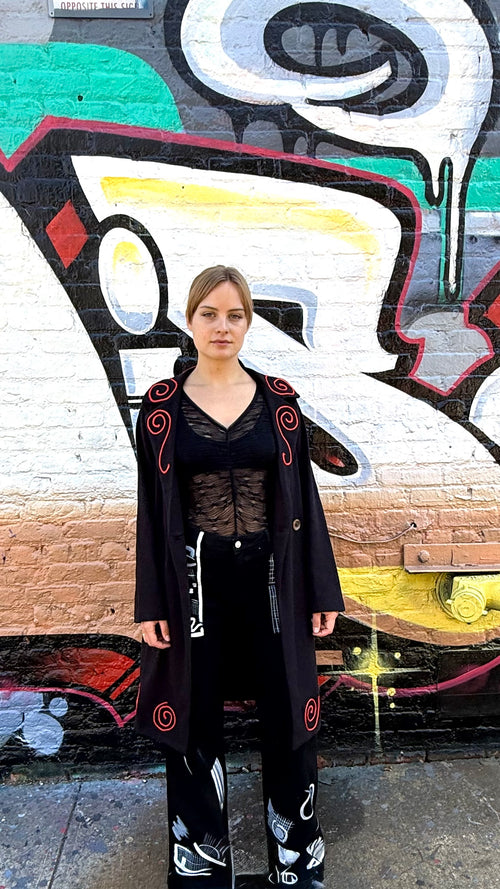 4 Way Wear-Double Breasted Coat- Black/Red Spiral- Made to Order