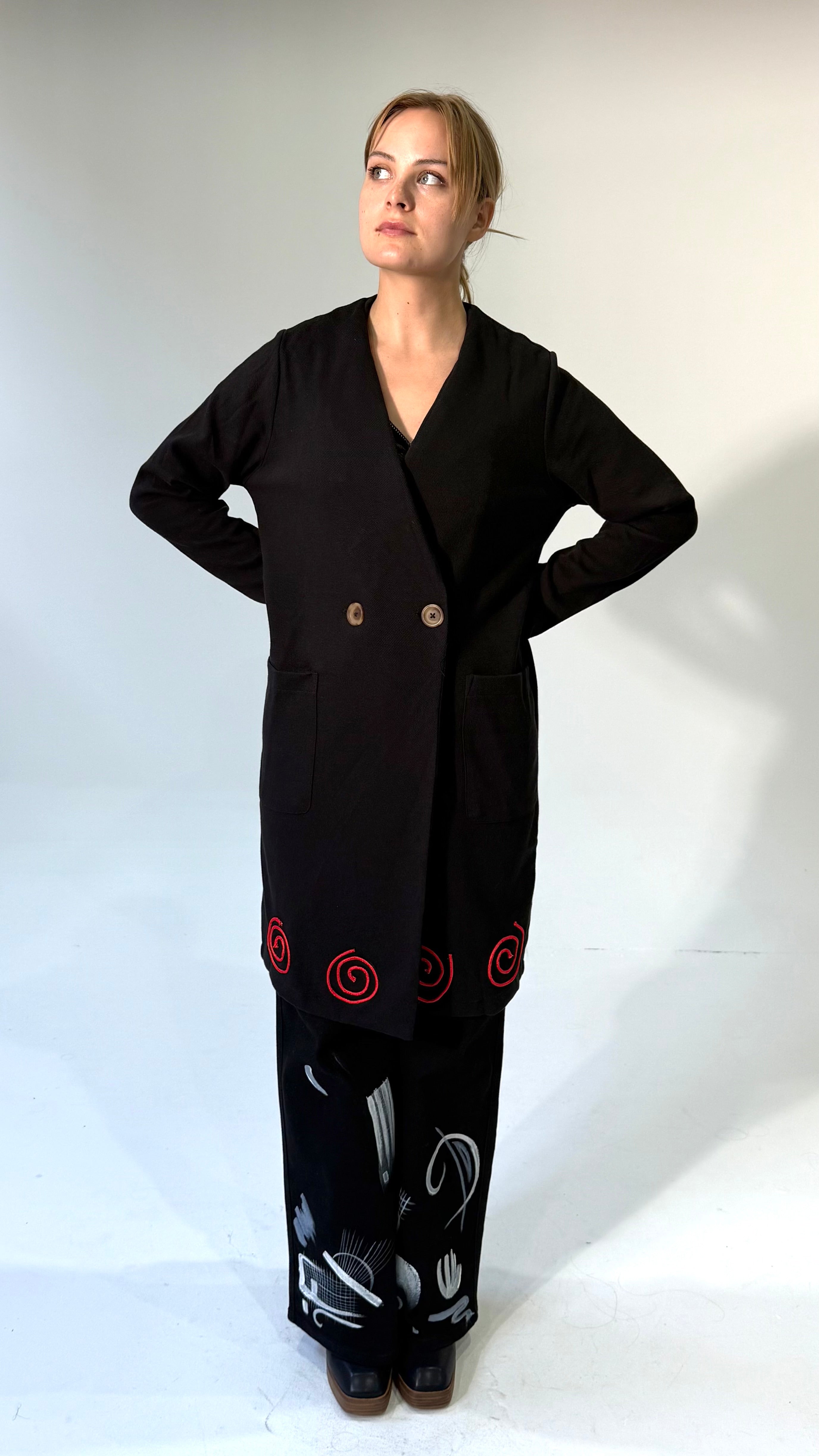 4 Way Wear-Double Breasted Coat- Black/Red Spiral- Made to Order